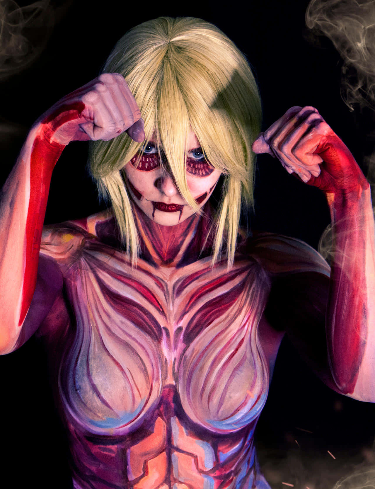 Female Titan, blonde hair, red muscle paint, HD Phone Wallpaper