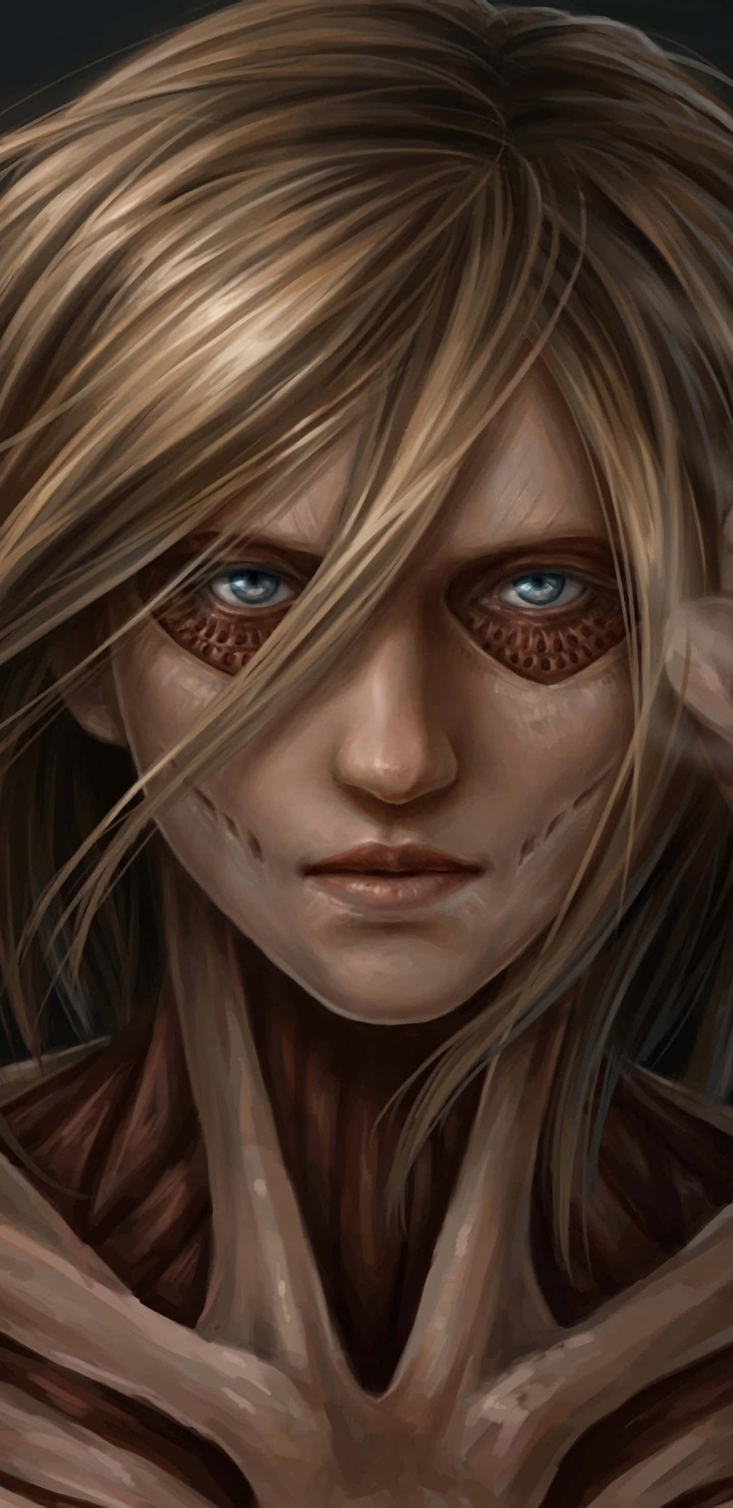 Female Titan, blonde hair, textured blue eyes, 2K Phone Wallpaper