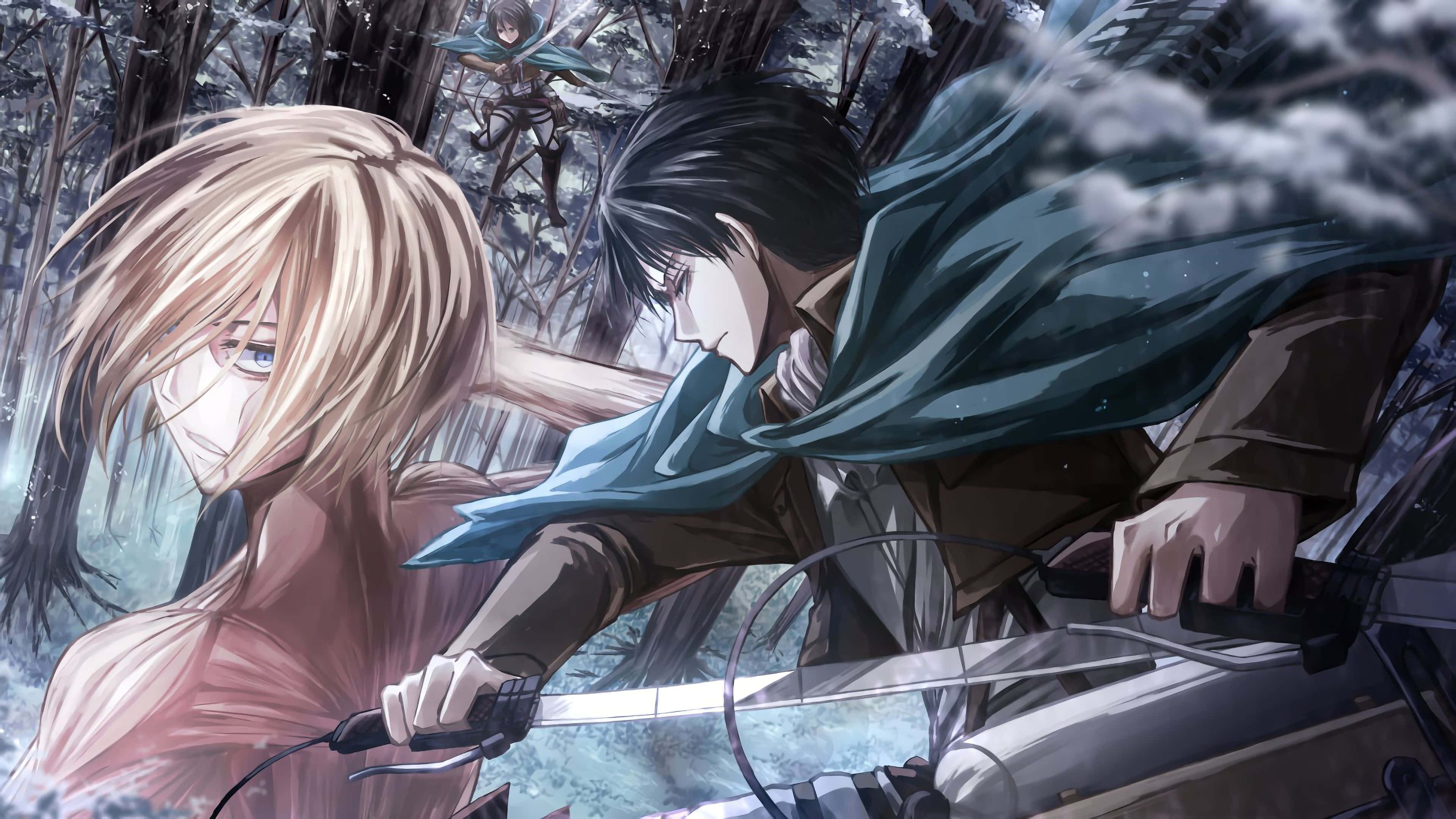 Female Titan, anime warriors, snowy forest, 4K Desktop Wallpaper