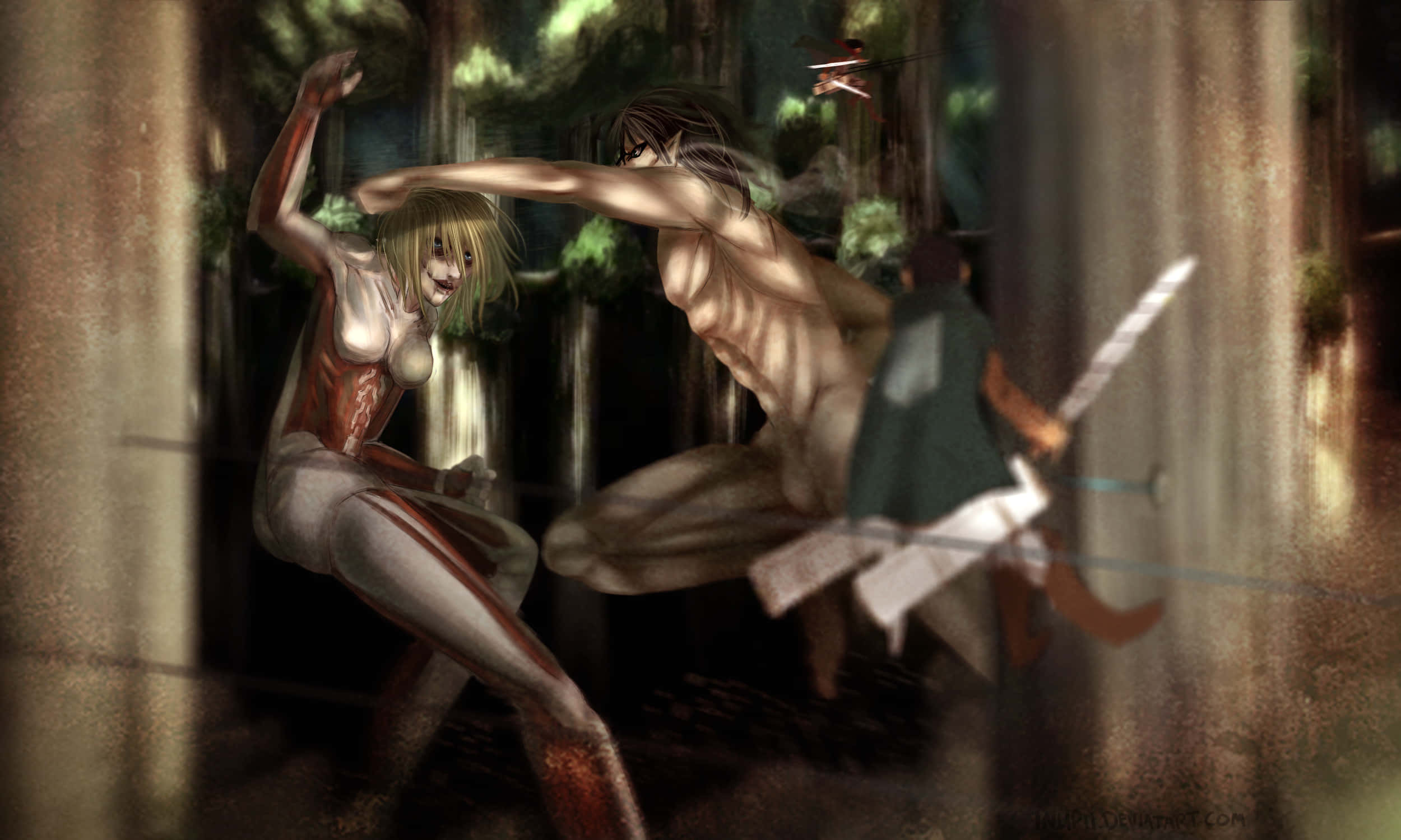 Female Titan, attack mode, dense forest, Full HD Desktop Wallpaper