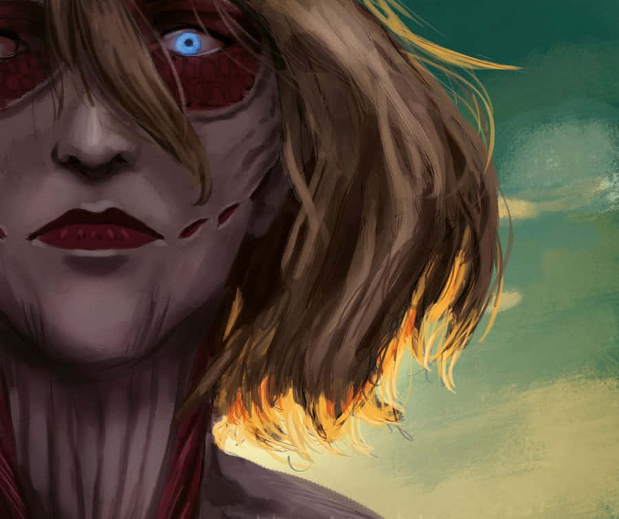 Female Titan, glowing blue eye, red textured skin, SD Desktop Wallpaper