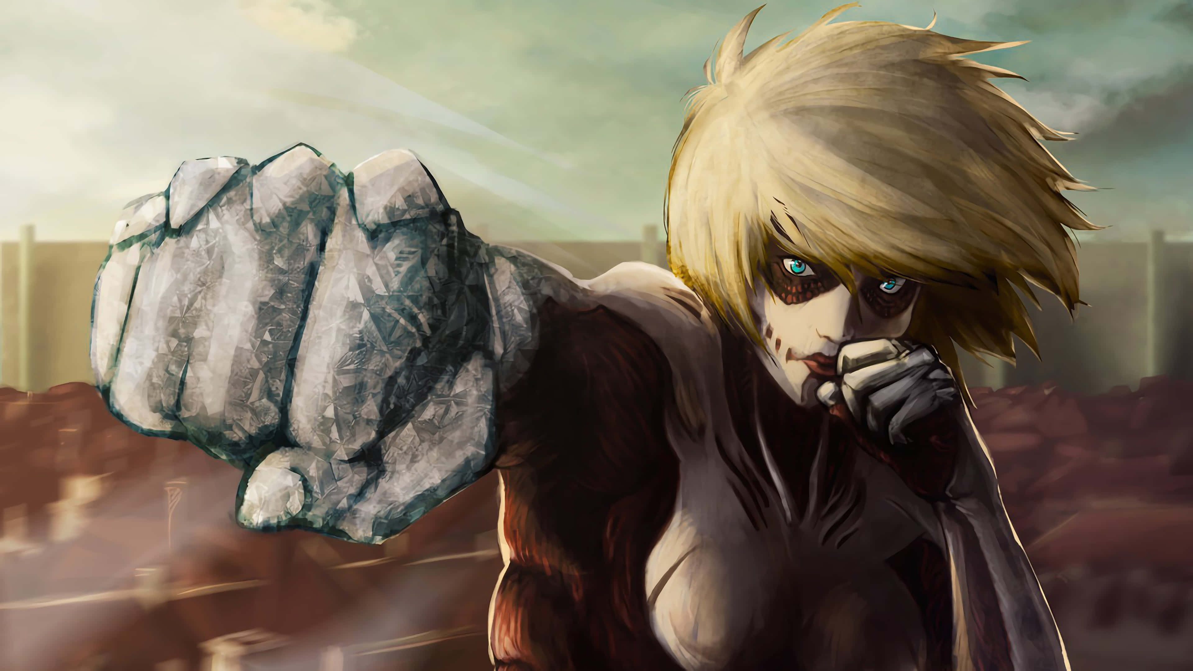 Female Titan, blonde-haired, glowing blue eyes, 4K Desktop Wallpaper