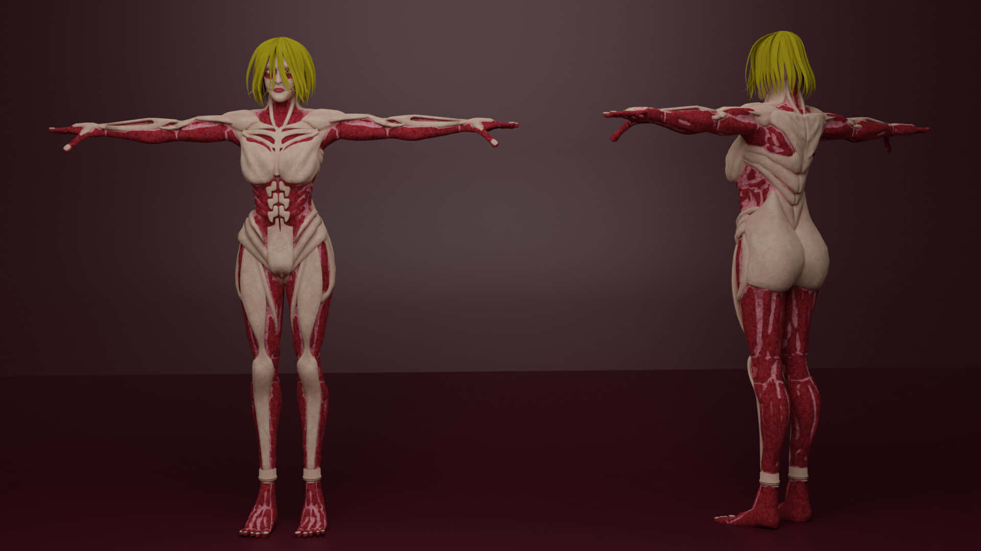 Female Titan, red muscle anatomy, dark maroon studio background, Full HD Desktop Wallpaper