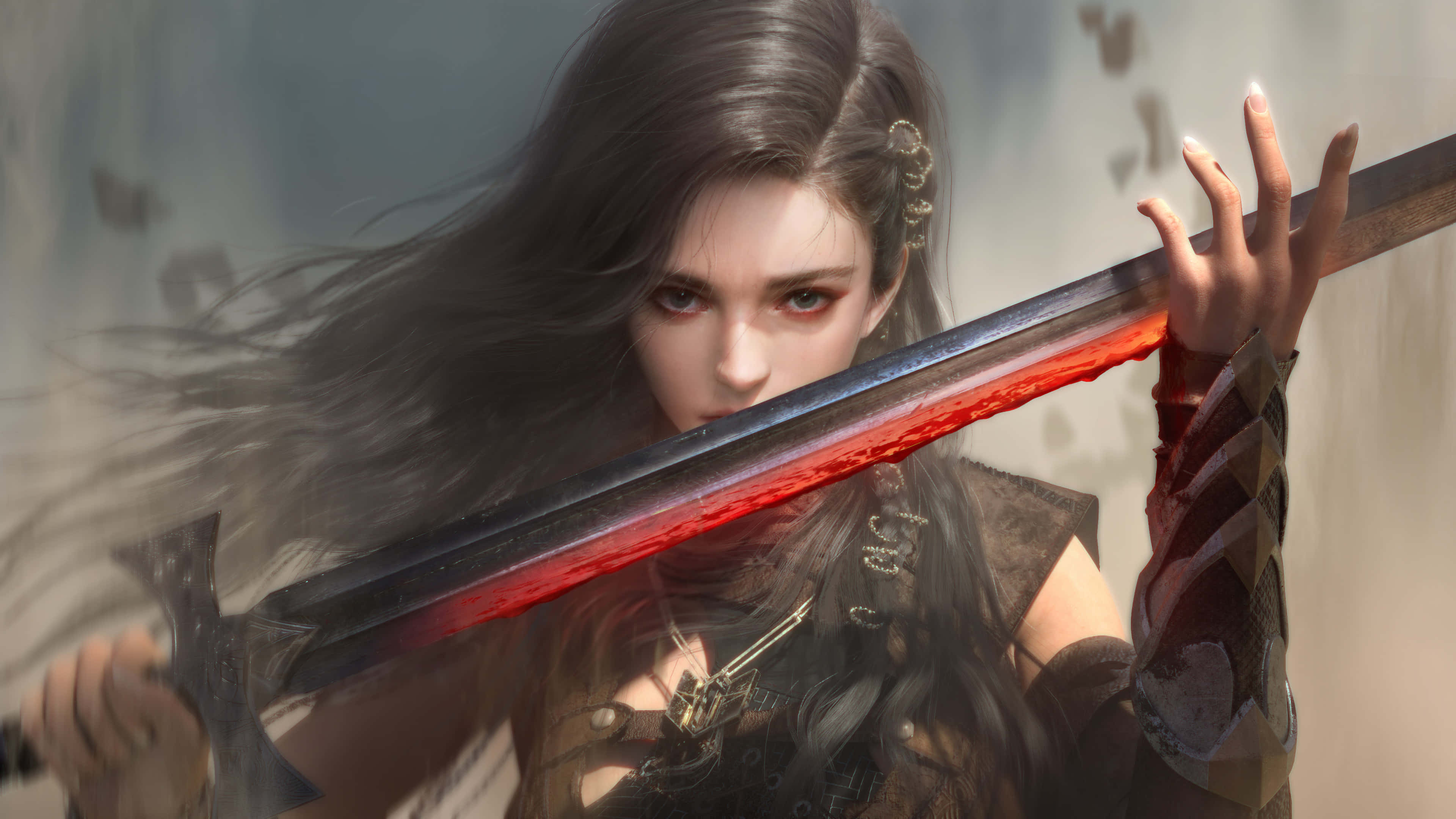 fierce warrior woman, flowing dark hair, glowing red sword, 4K Desktop Wallpaper