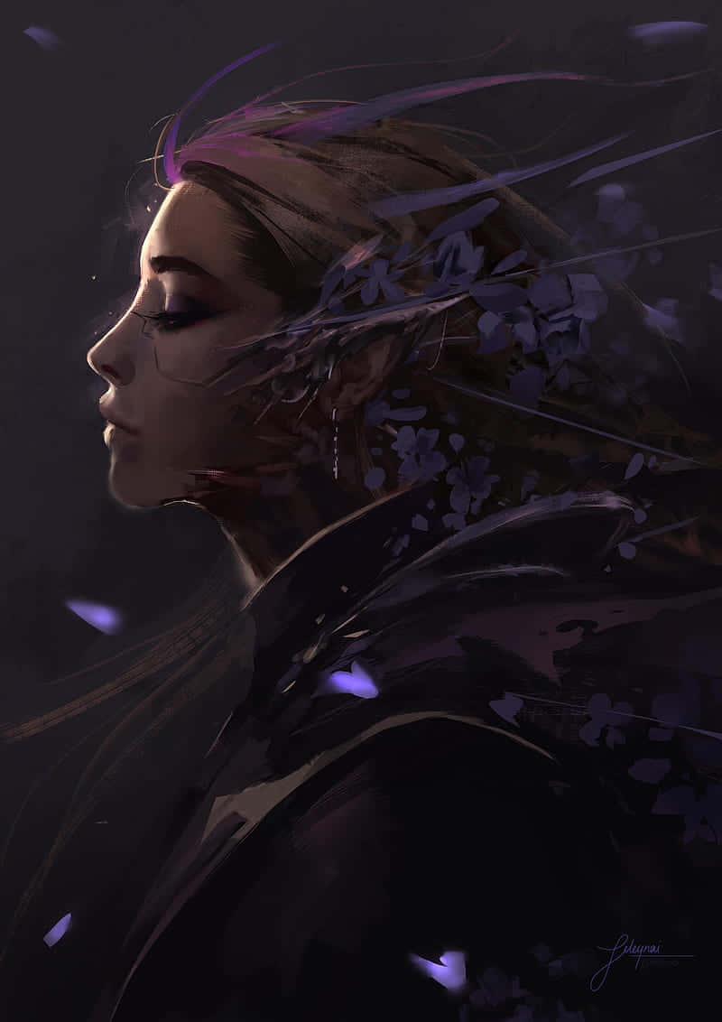 serene woman, flowing hair, purple petals, SD Phone Wallpaper