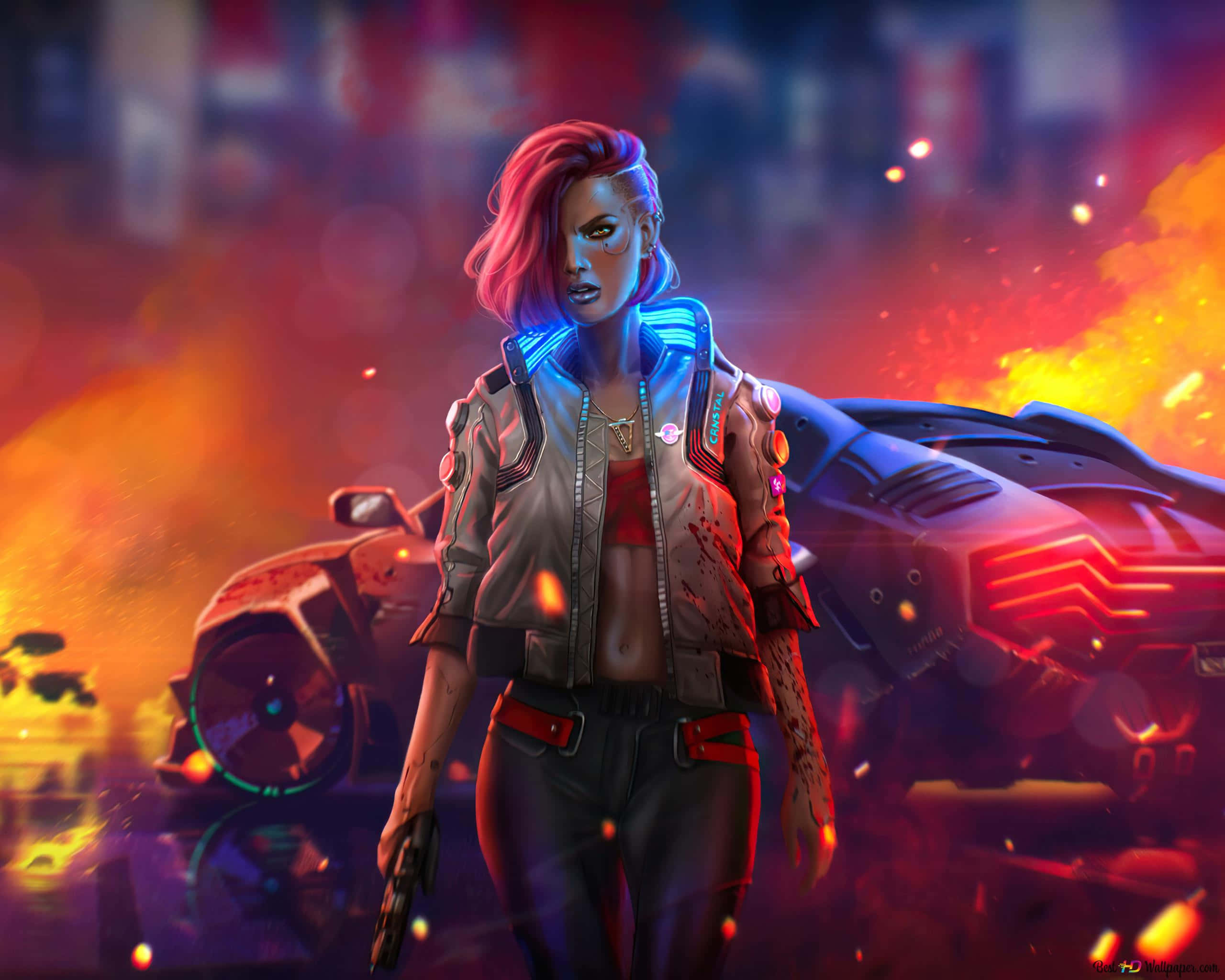 cyberpunk woman, pink hair, neon-lit urban wasteland, 2K Desktop Wallpaper