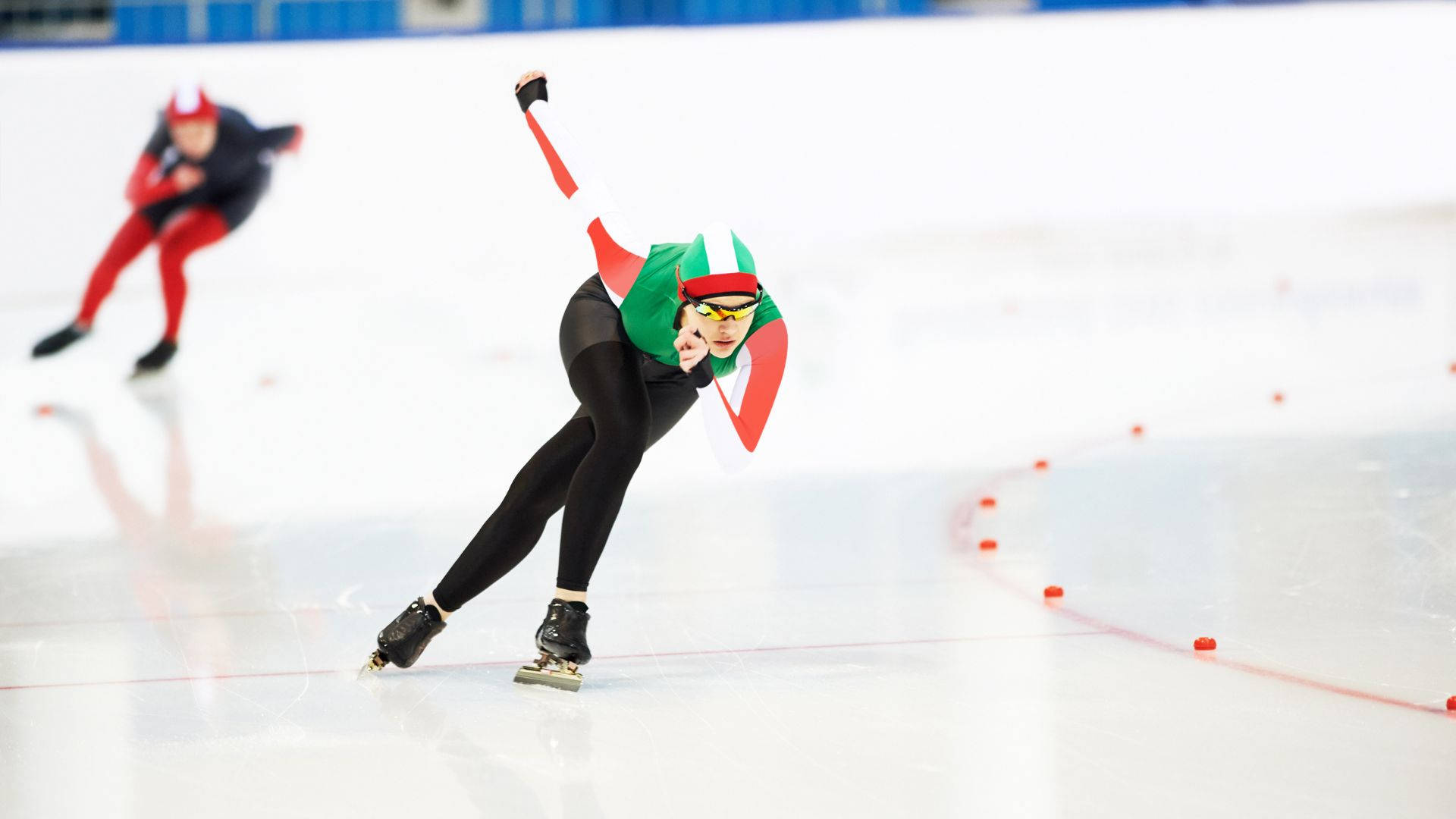 Italian speed skater, green red and white uniform, bright ice rink, Full HD Desktop Wallpaper