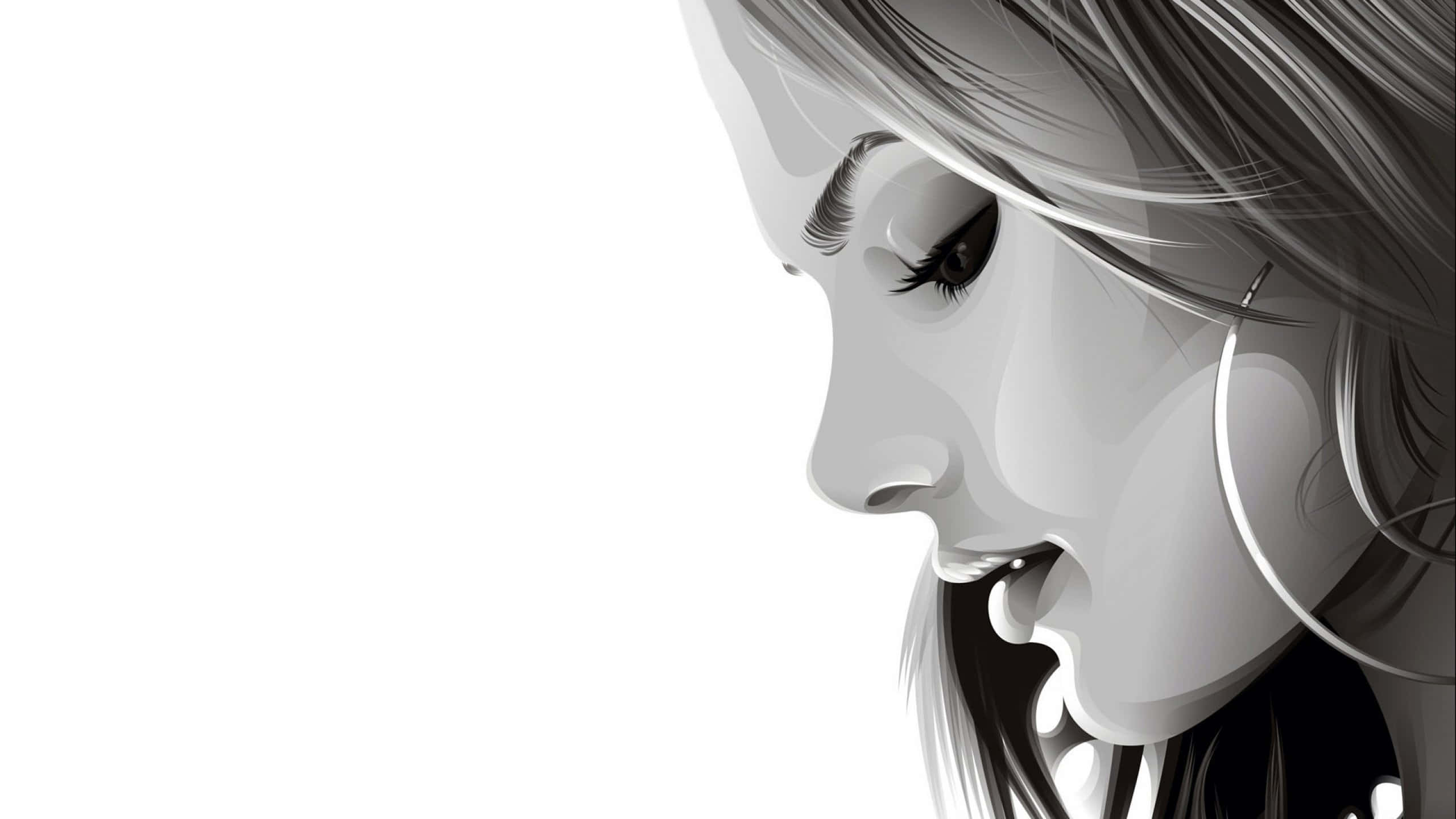 monochrome digital portrait, woman's face in profile, long hair, 2K Desktop Wallpaper