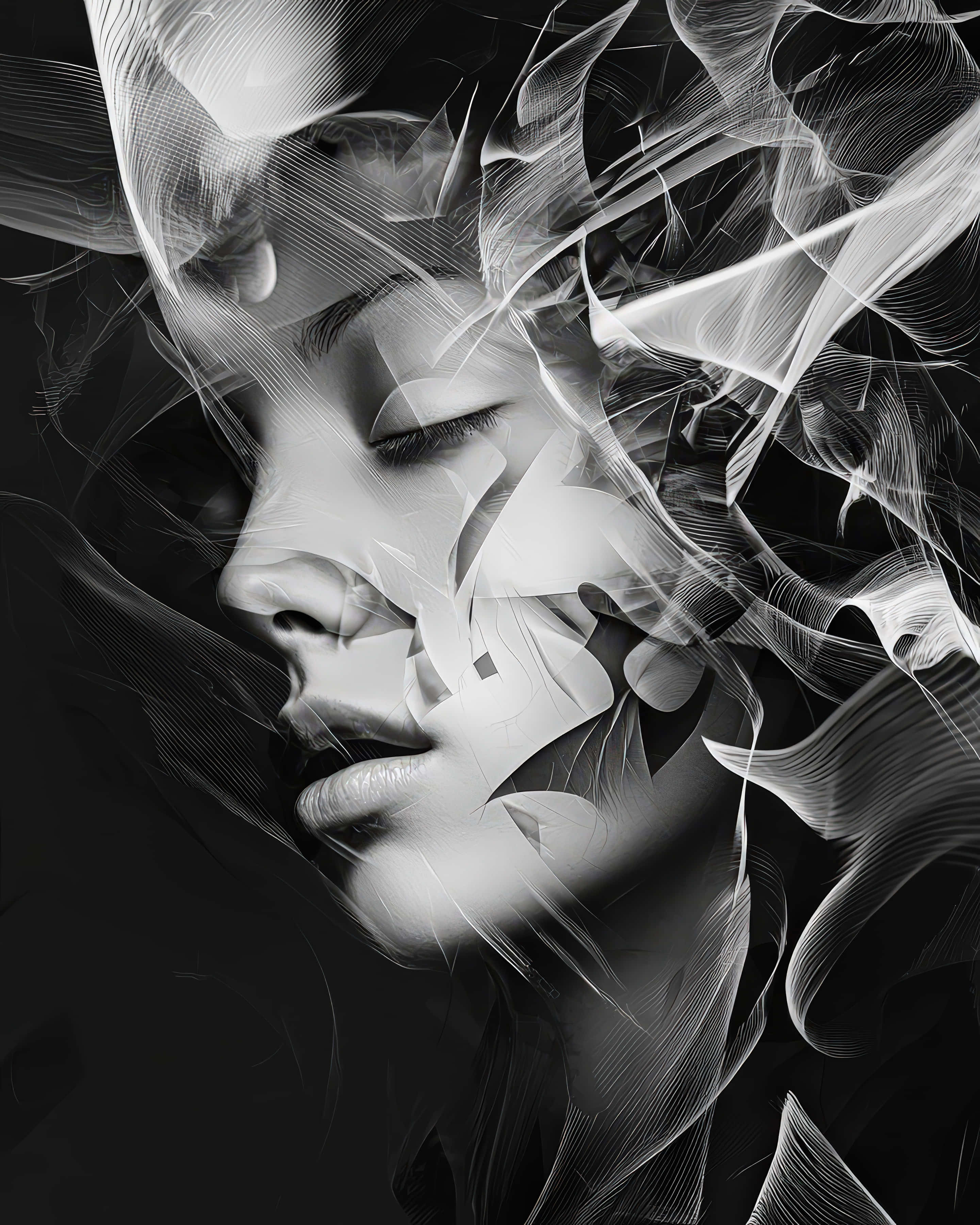surreal black and white portrait, abstract flowing lines, monochrome portrait, 2K Phone Wallpaper