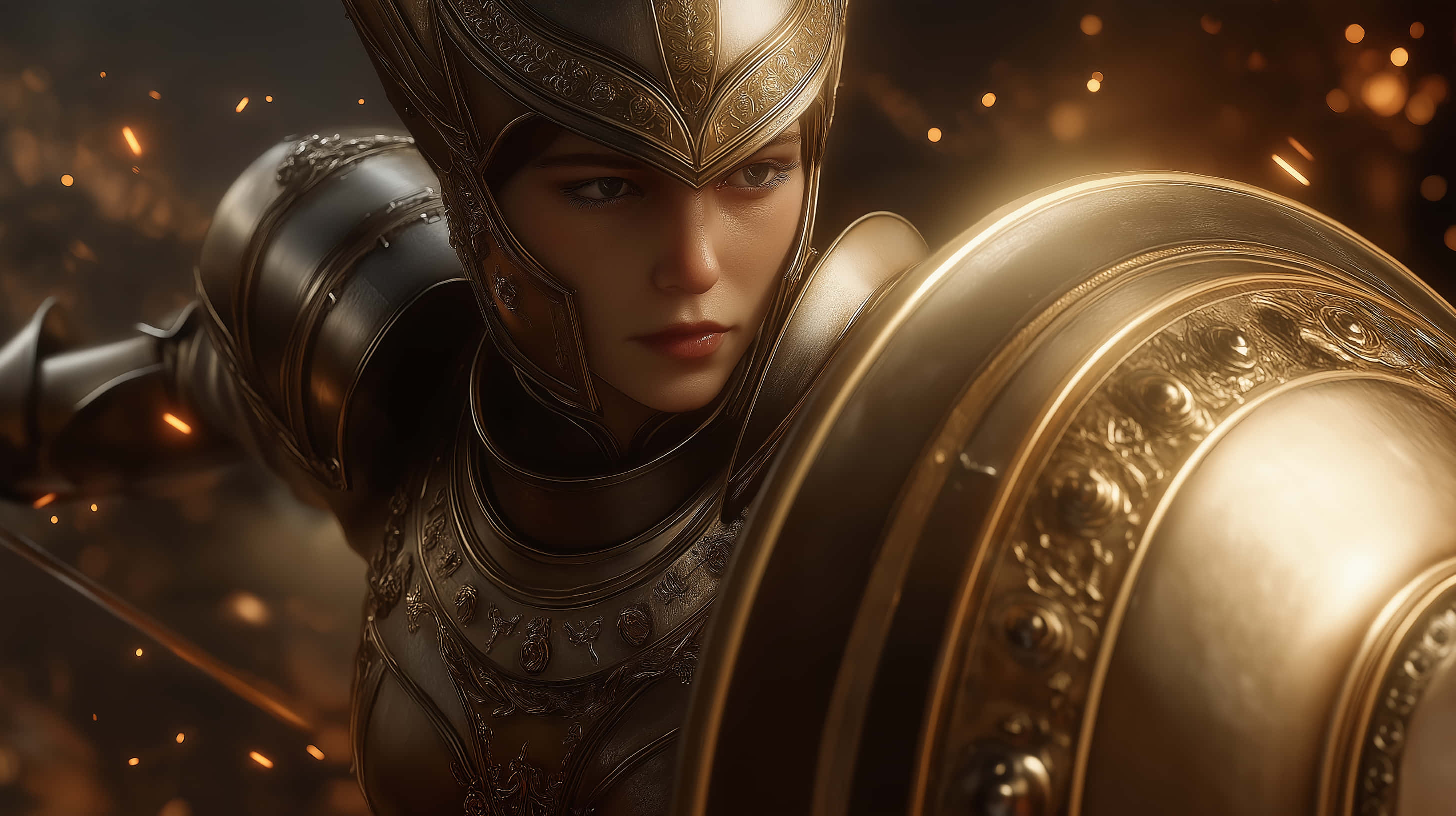 female warrior, ornate golden armor, detailed shield, 2K Desktop Wallpaper