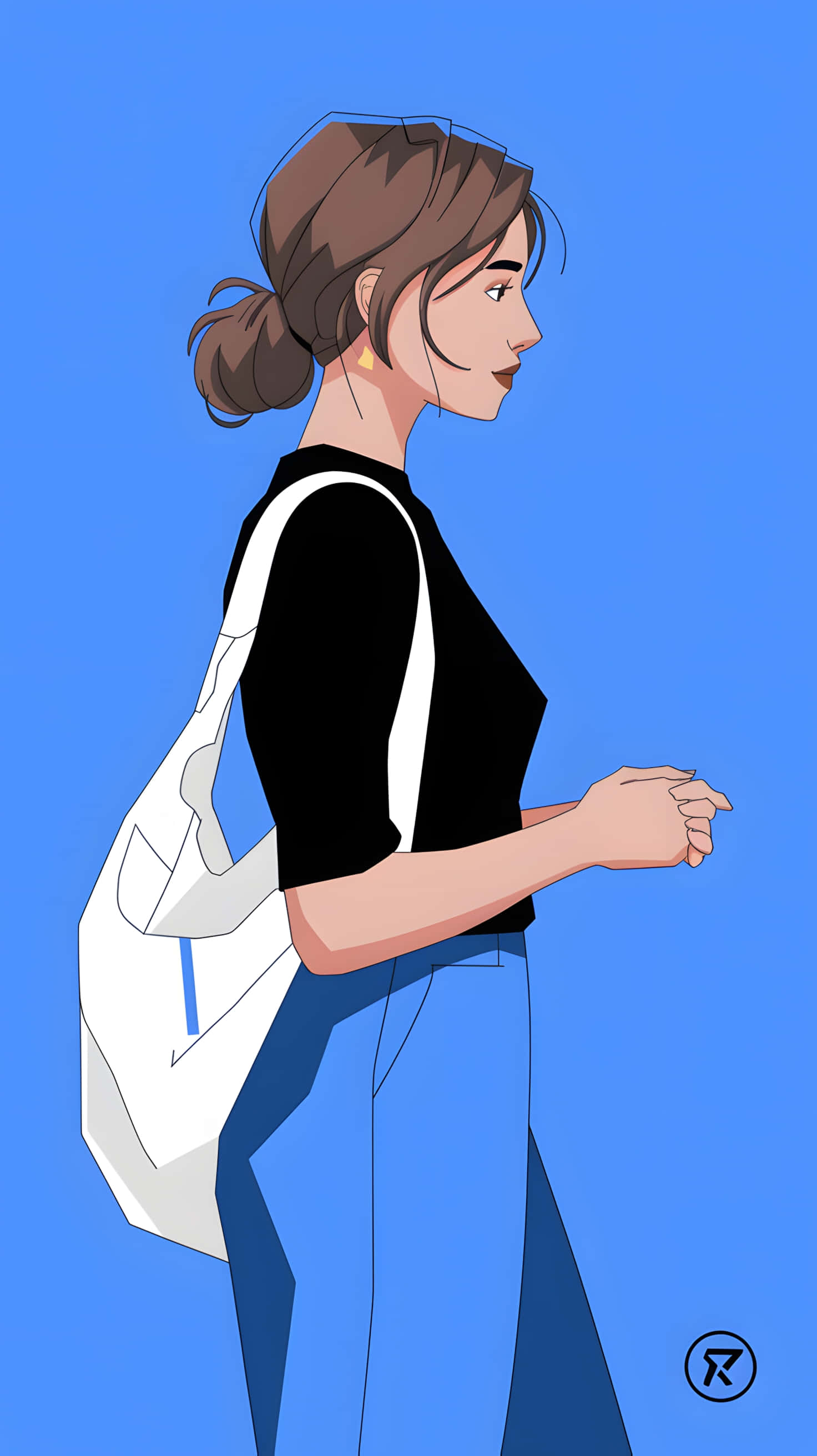 brown hair, bun, solid blue background, 2K Phone Wallpaper