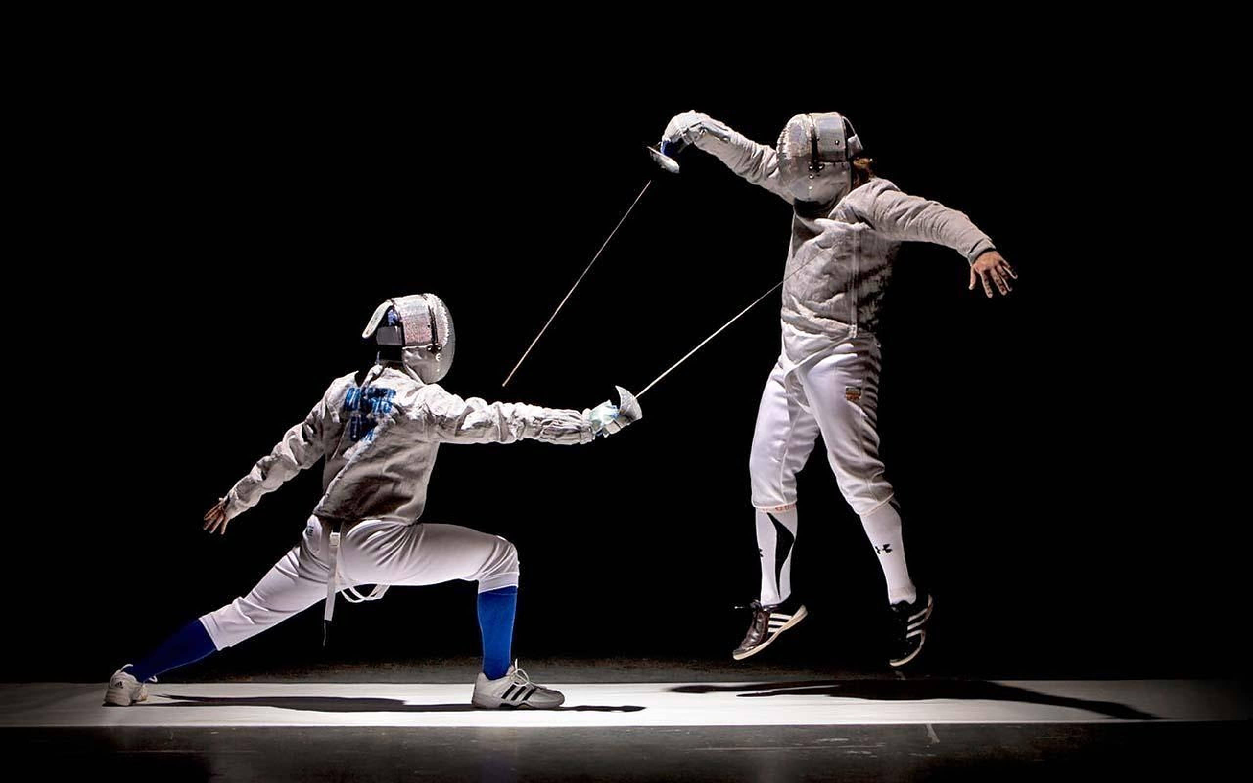 fencing sport match, white gear, clash swords, 2K Desktop Wallpaper