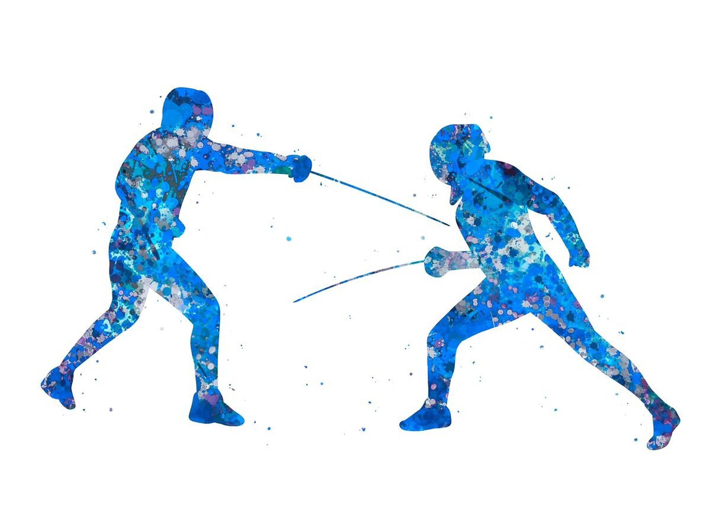 Fencing, blue watercolor splatter silhouettes, clash swords, Full HD Desktop Wallpaper