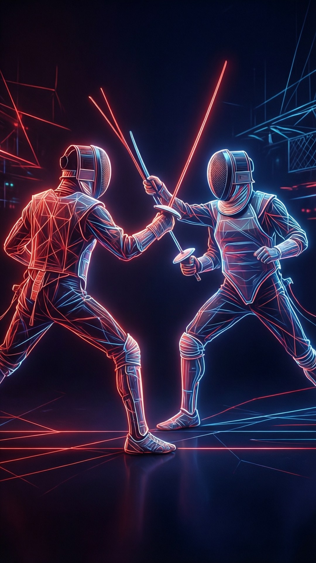 neon fencing abstract, glowing neon wireframe gear, dark arena, Full HD Phone Wallpaper