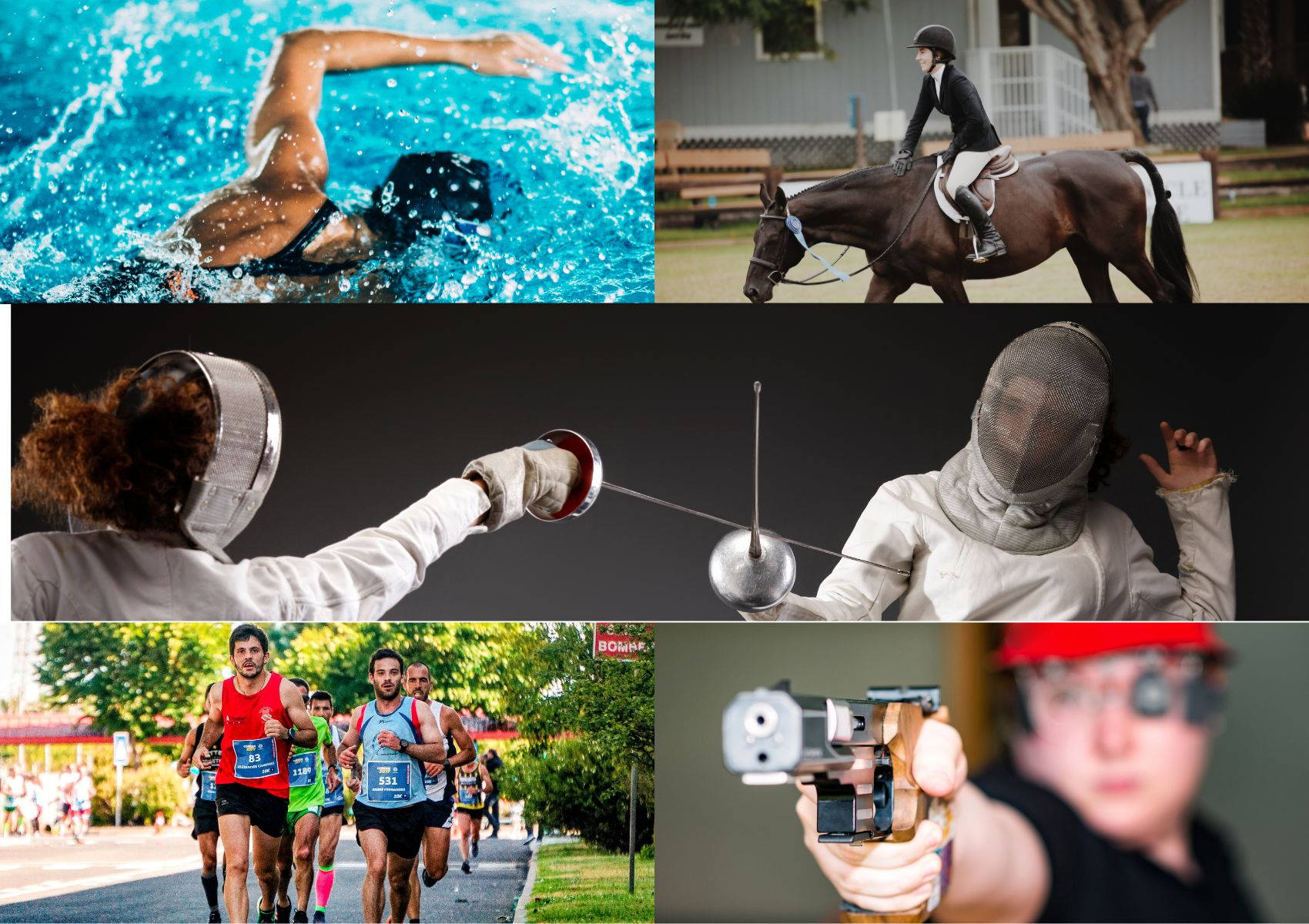 Modern Pentathlon, fencers dueling, swimmer splashing, HD Desktop Wallpaper
