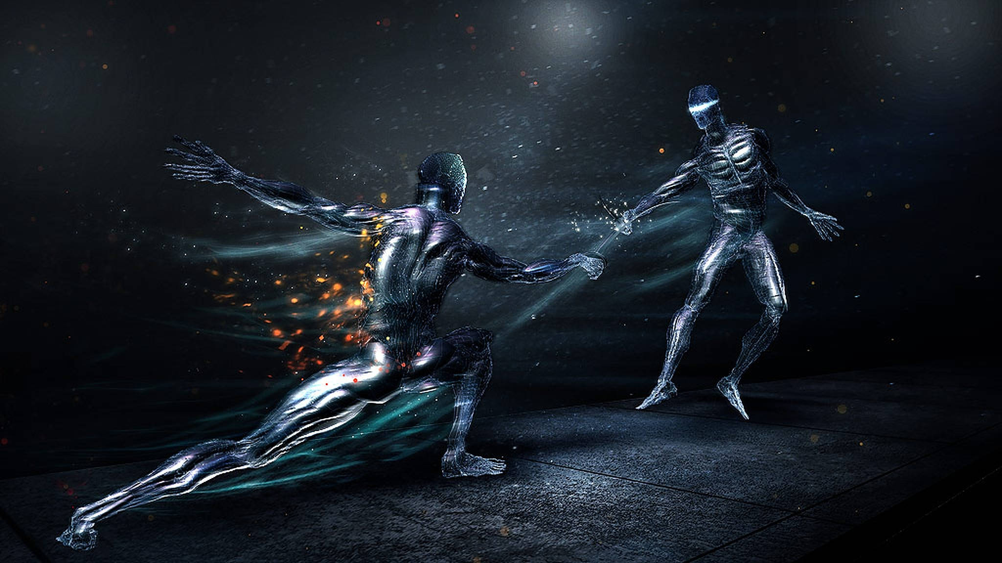 futuristic digital art, metallic humanoid figures, dark cosmic arena, Full HD Desktop Wallpaper