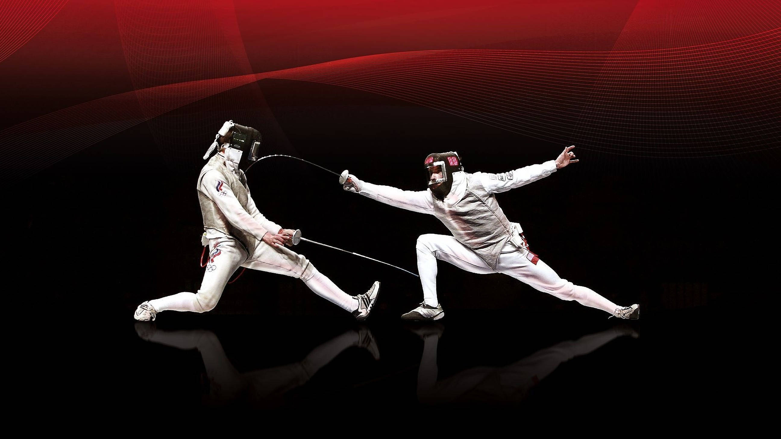 fencing match, white gear, red wave background, 2K Desktop Wallpaper
