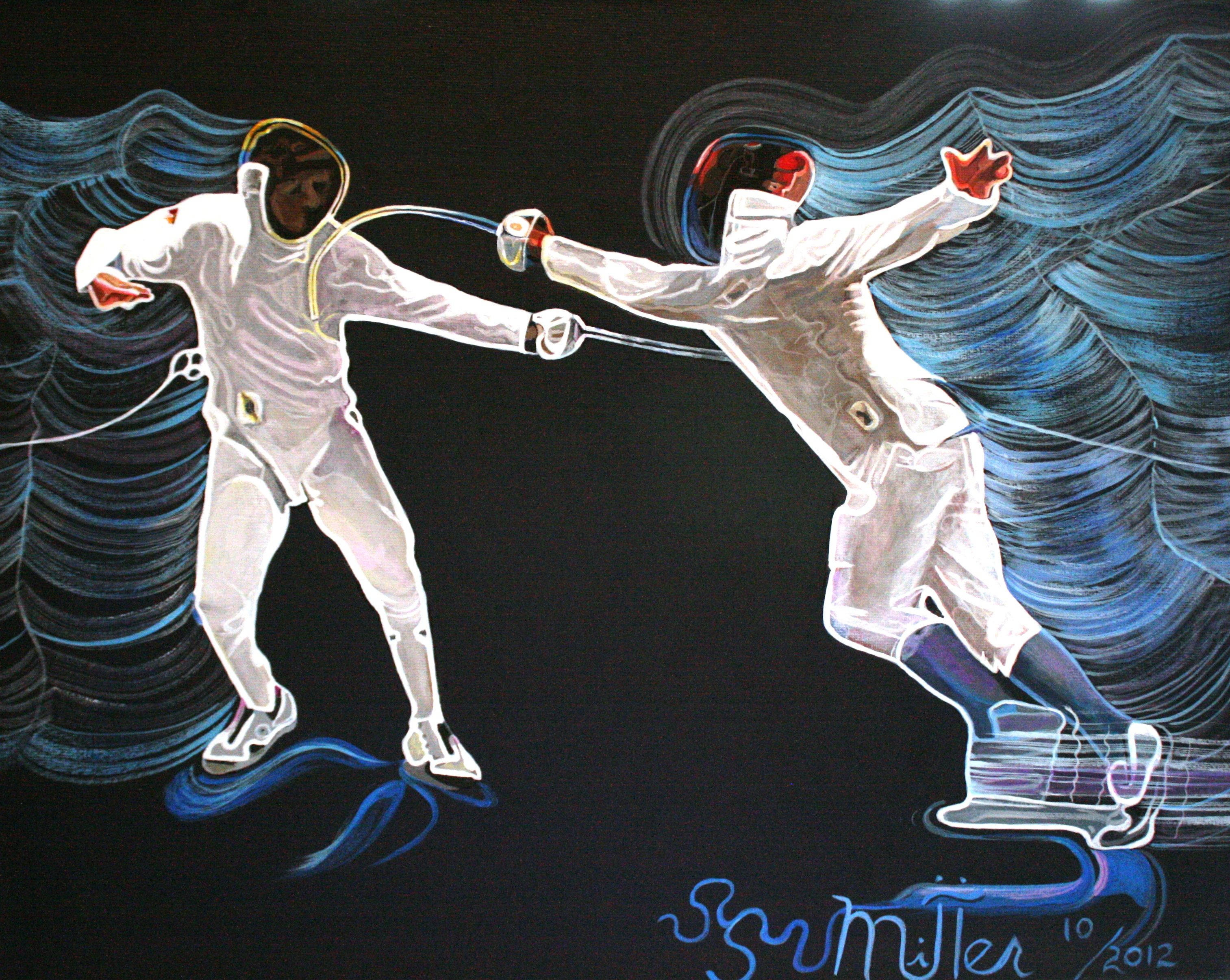 fencers, white gear, swirling blue wave background, 2K Desktop Wallpaper