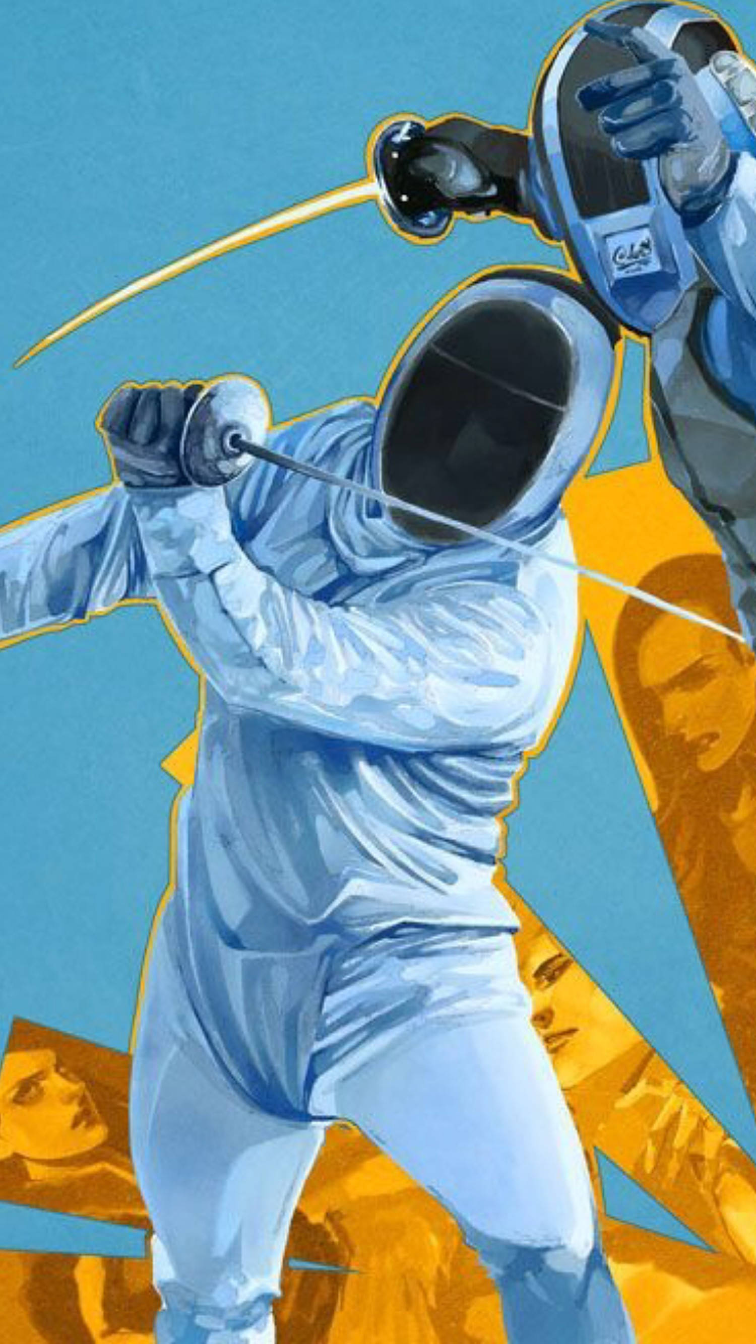 fencers, light blue gear, blue and gold background, 2K Phone Wallpaper