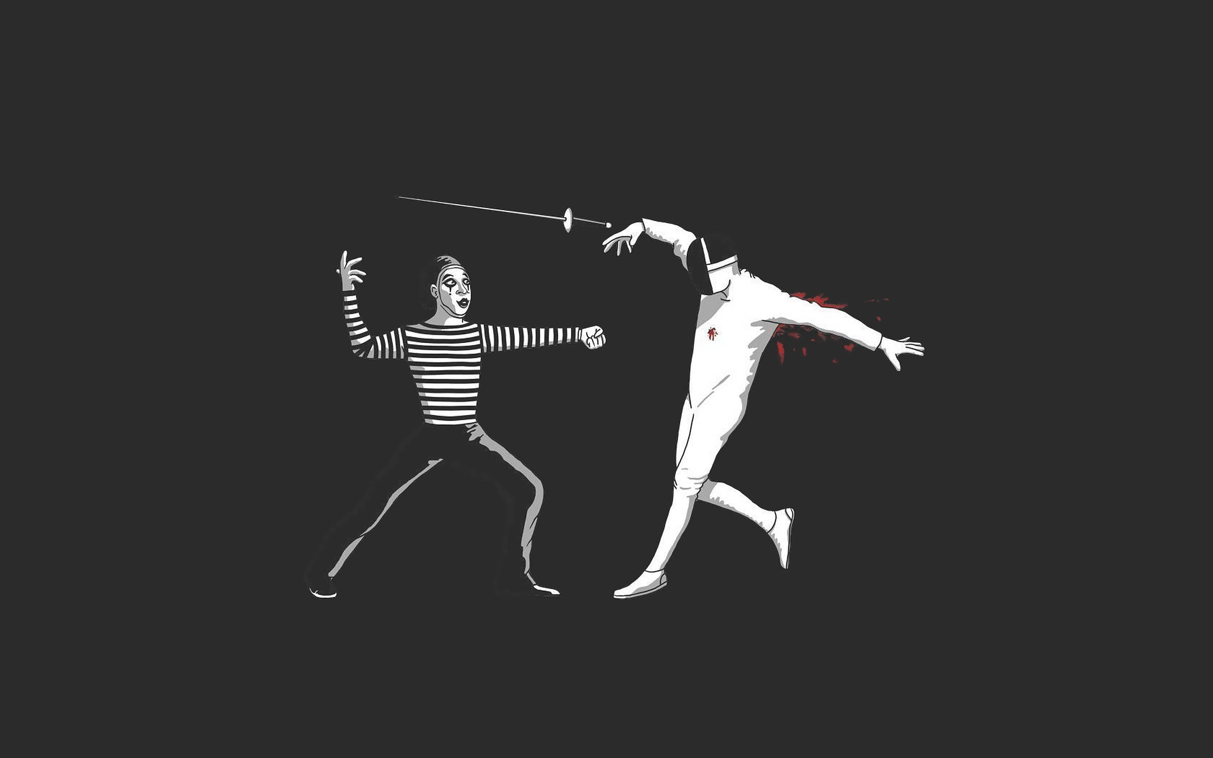 fencing mime, black and white illustration, splash of red blood, Full HD Desktop Wallpaper