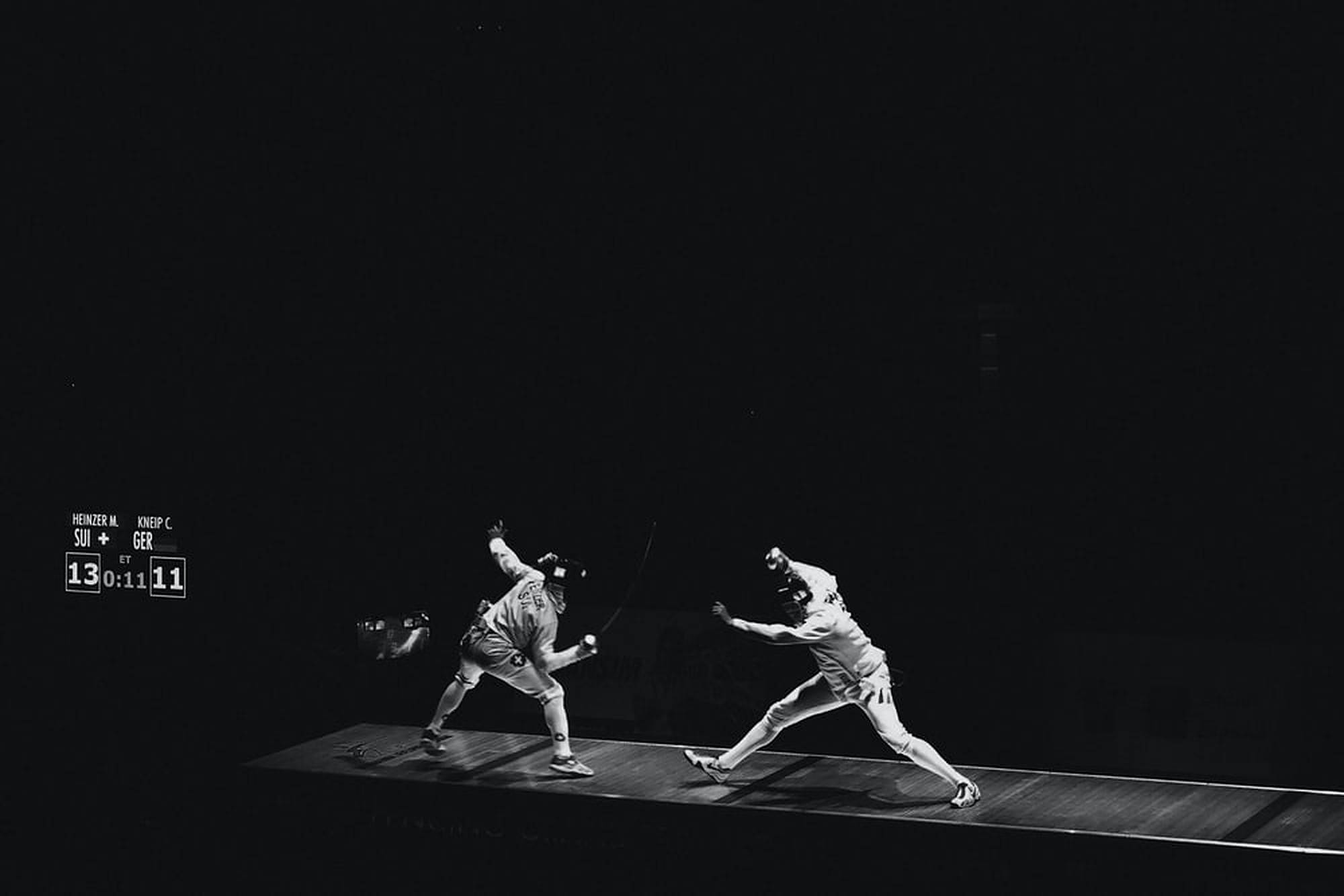 Fencing, monochrome shot, dynamic combat pose, Full HD Desktop Wallpaper