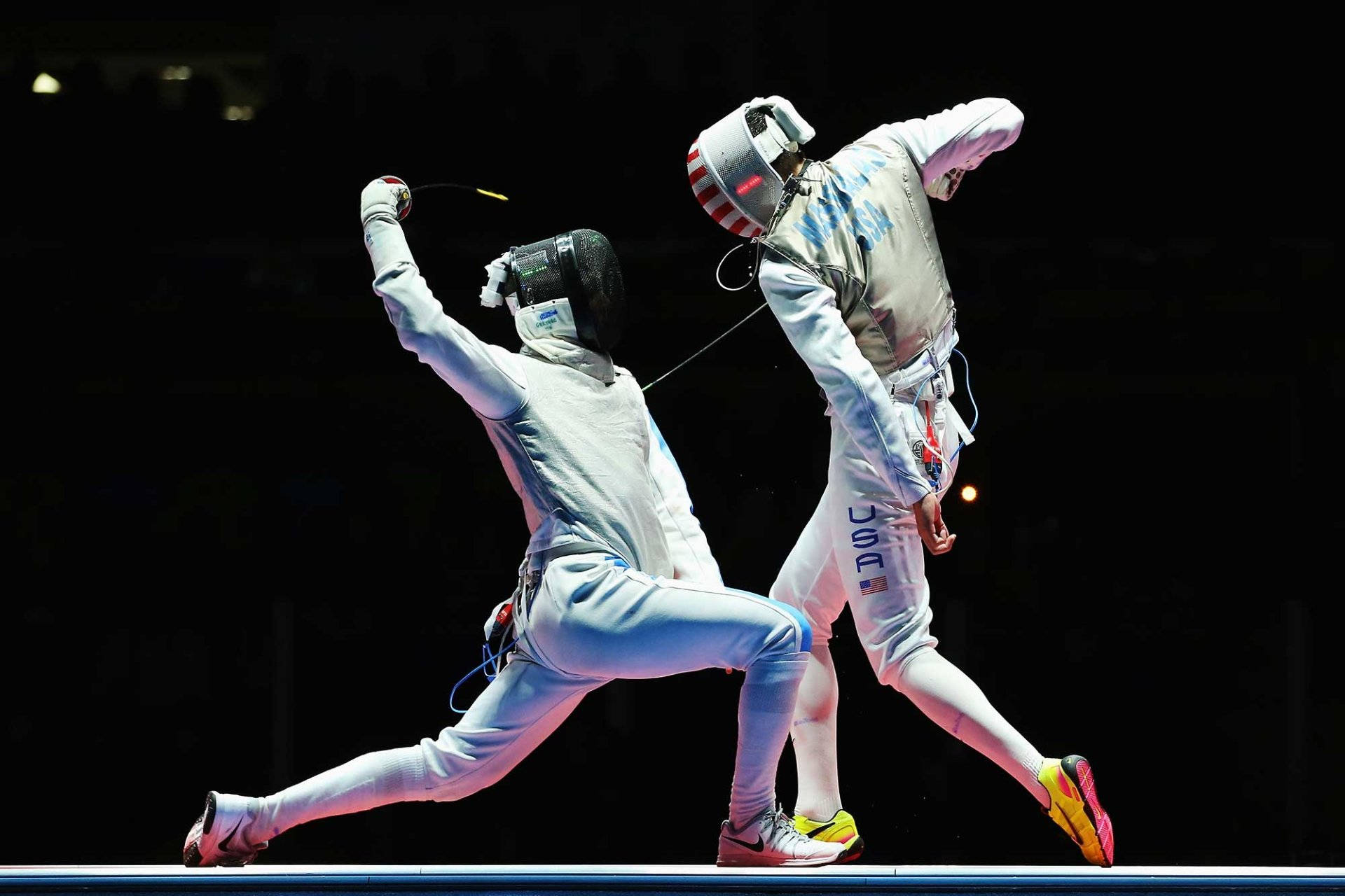 fencing duel, white gear, strip, Full HD Desktop Wallpaper