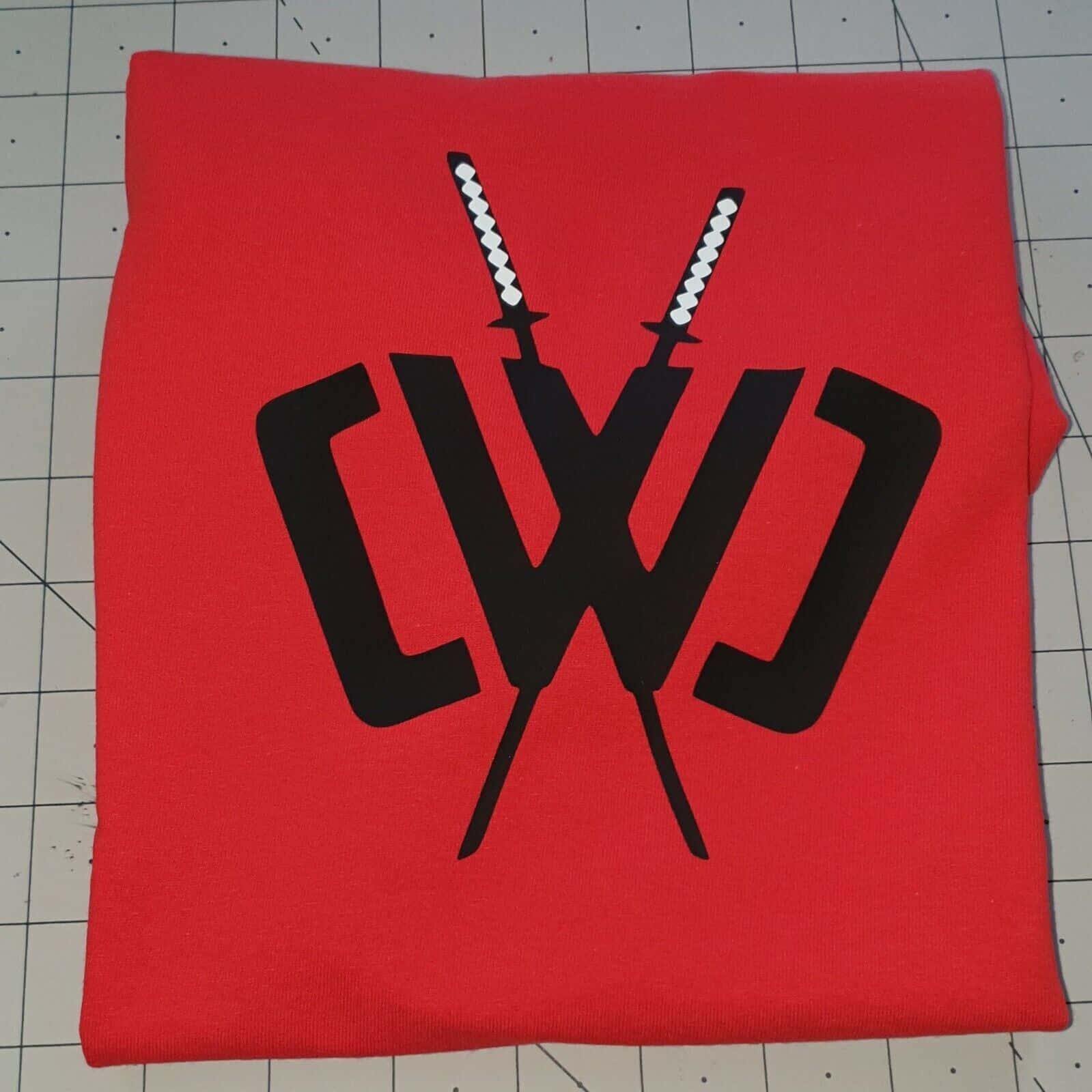 red sweatshirt, two crossed swords, stylized CW logo, HD Phone Wallpaper
