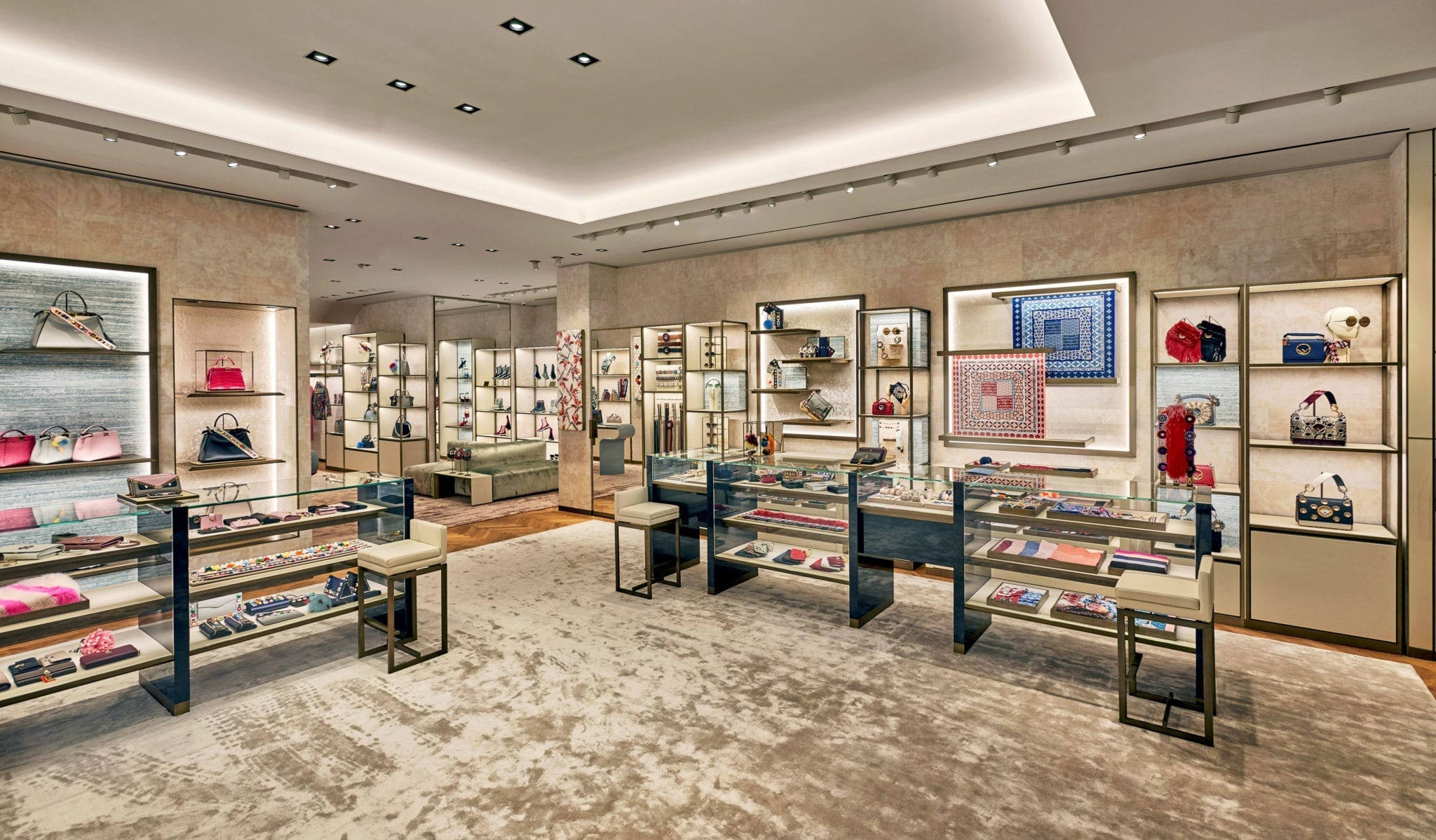 Fendi, high-end boutique interior, glass display cases, Full HD Desktop Wallpaper