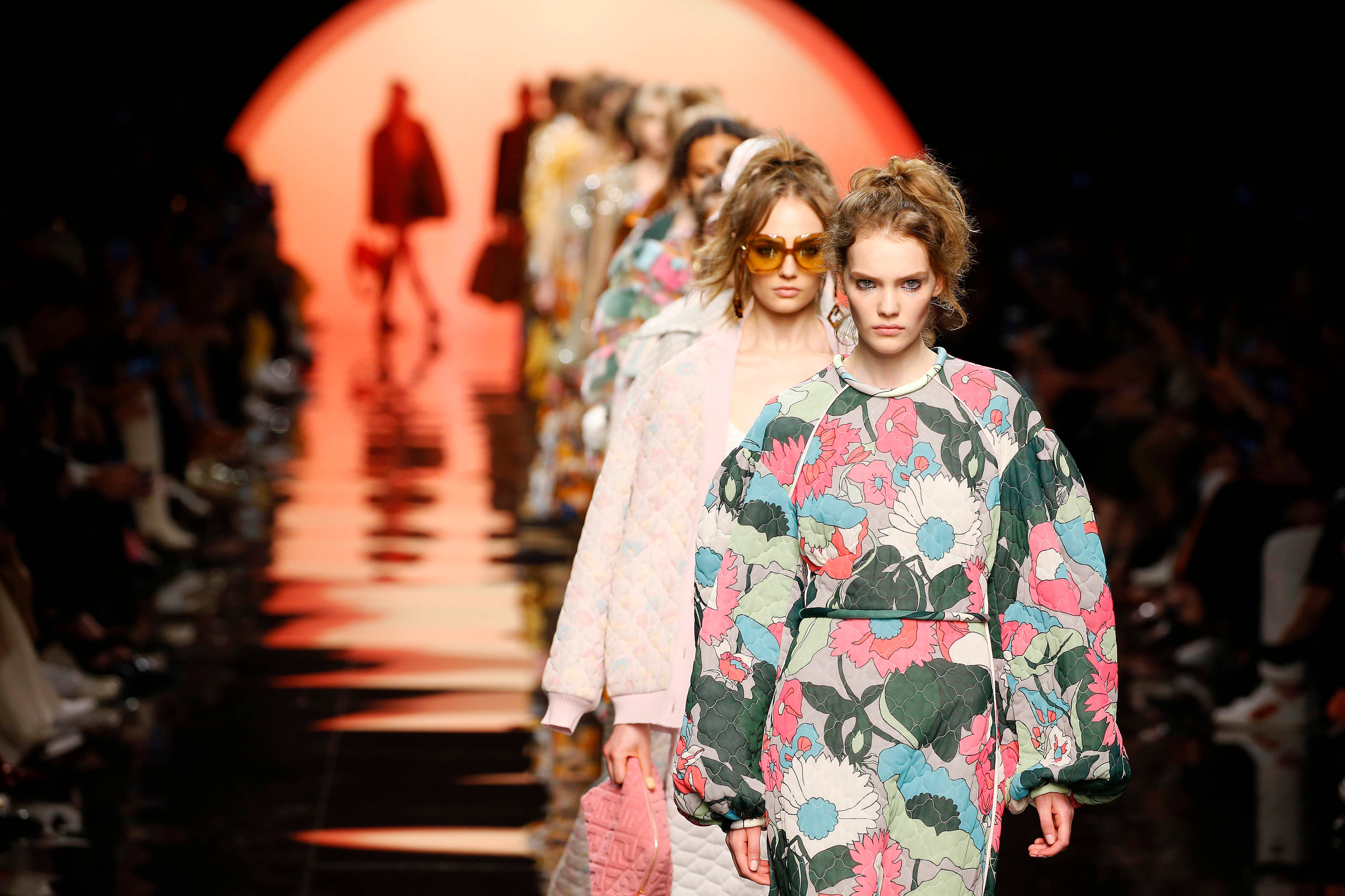 Fendi, glossy runway, glowing orange archway, 4K Desktop Wallpaper