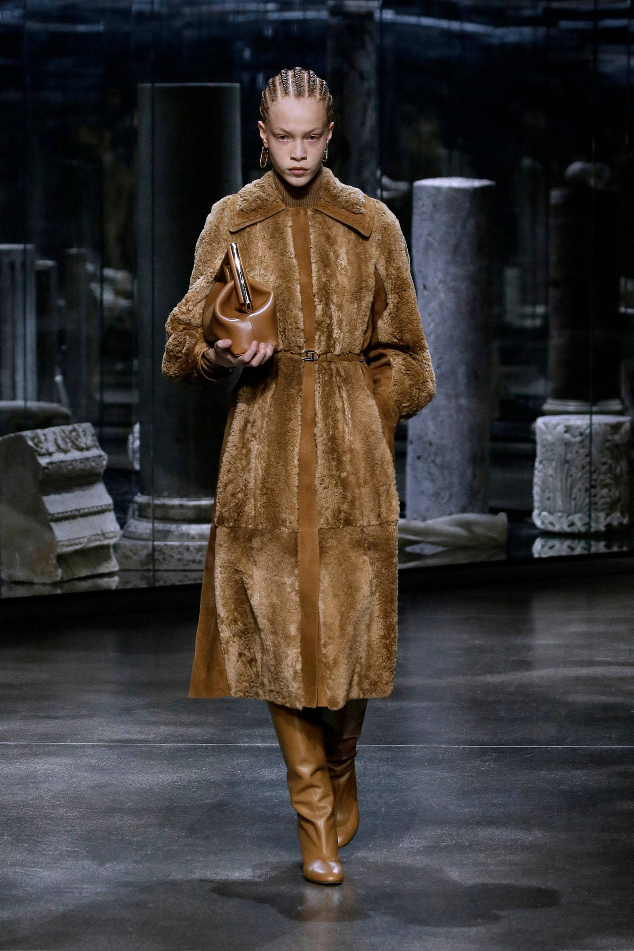 Fendi, brown fur dress, ancient stone columns, Full HD Phone Wallpaper