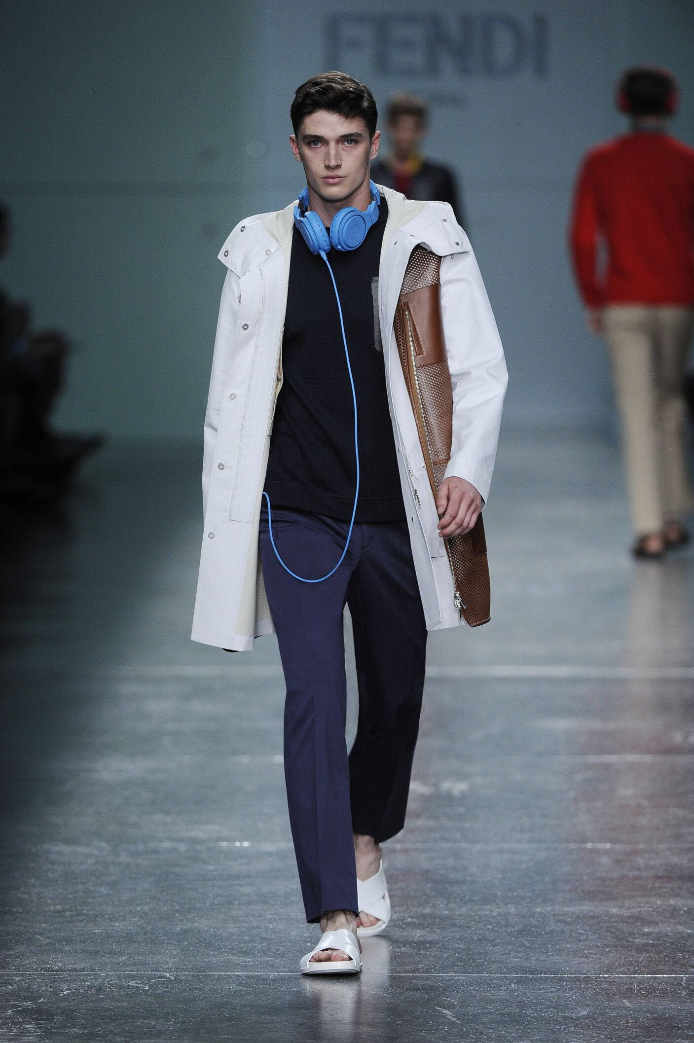 Fendi, white coat, blue headphones, Full HD Phone Wallpaper