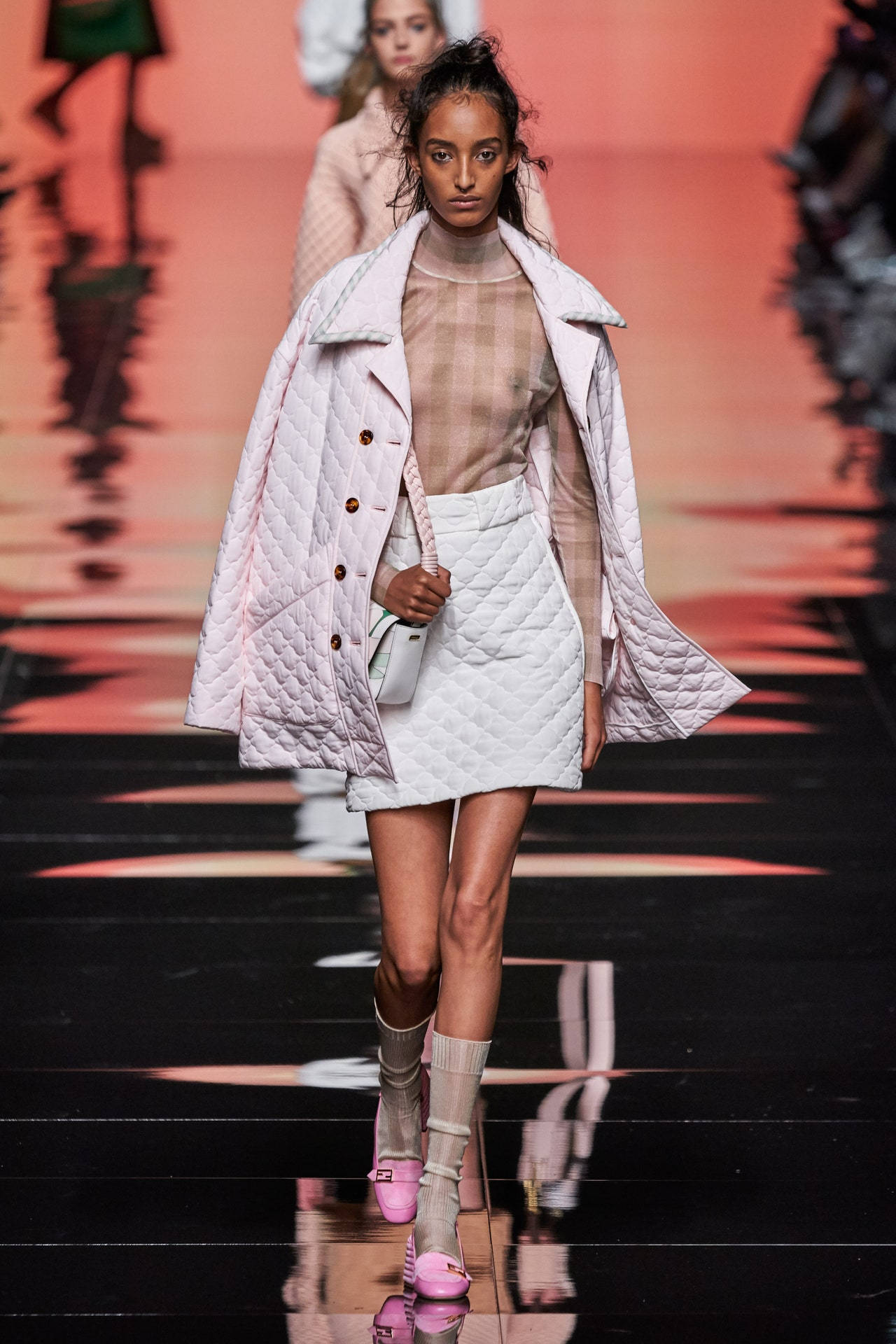 Fendi, pink quilted coat, matching skirt, Full HD Phone Wallpaper
