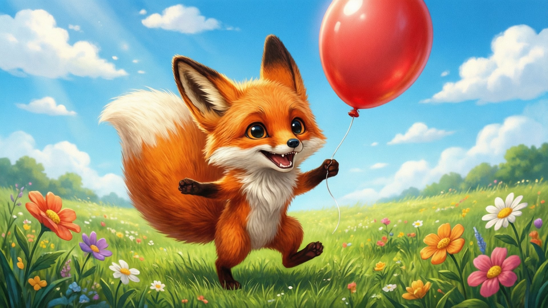 Fennekin, red balloon, sunny meadow, Full HD Desktop Wallpaper