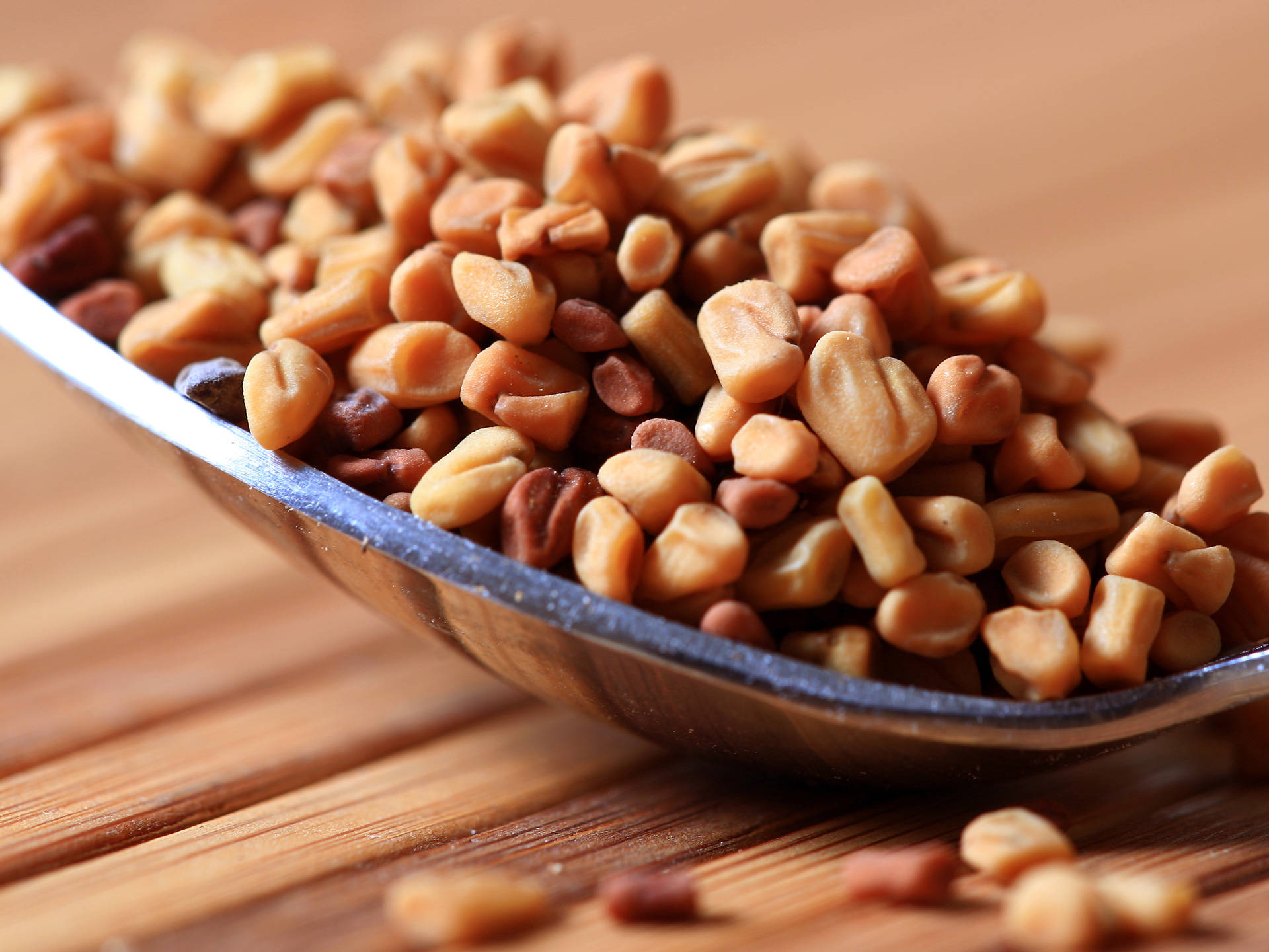 fenugreek seeds, metal spoon, wooden surface, Full HD Desktop Wallpaper