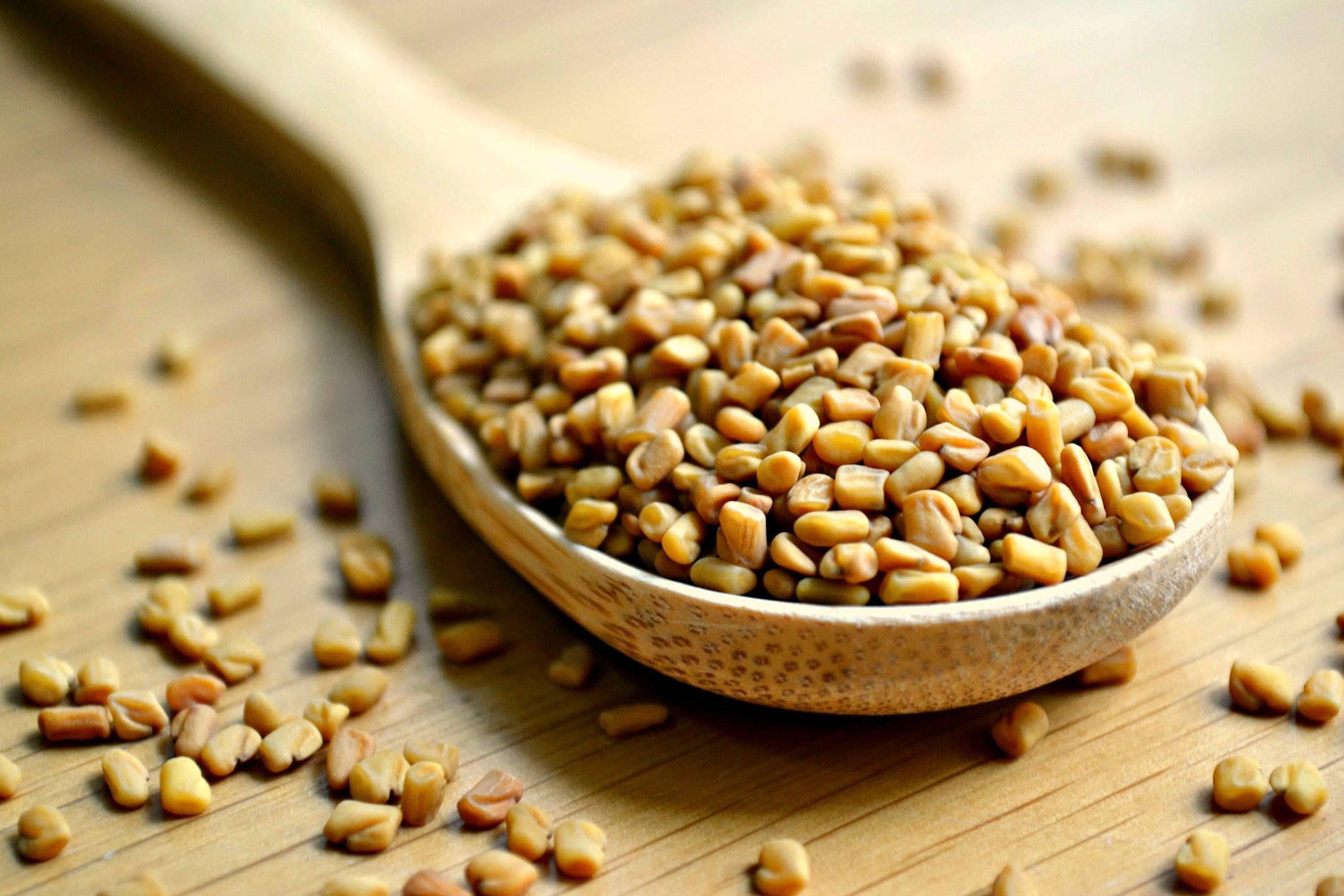 fenugreek seeds, wooden spoon, warm wooden surface, Full HD Desktop Wallpaper