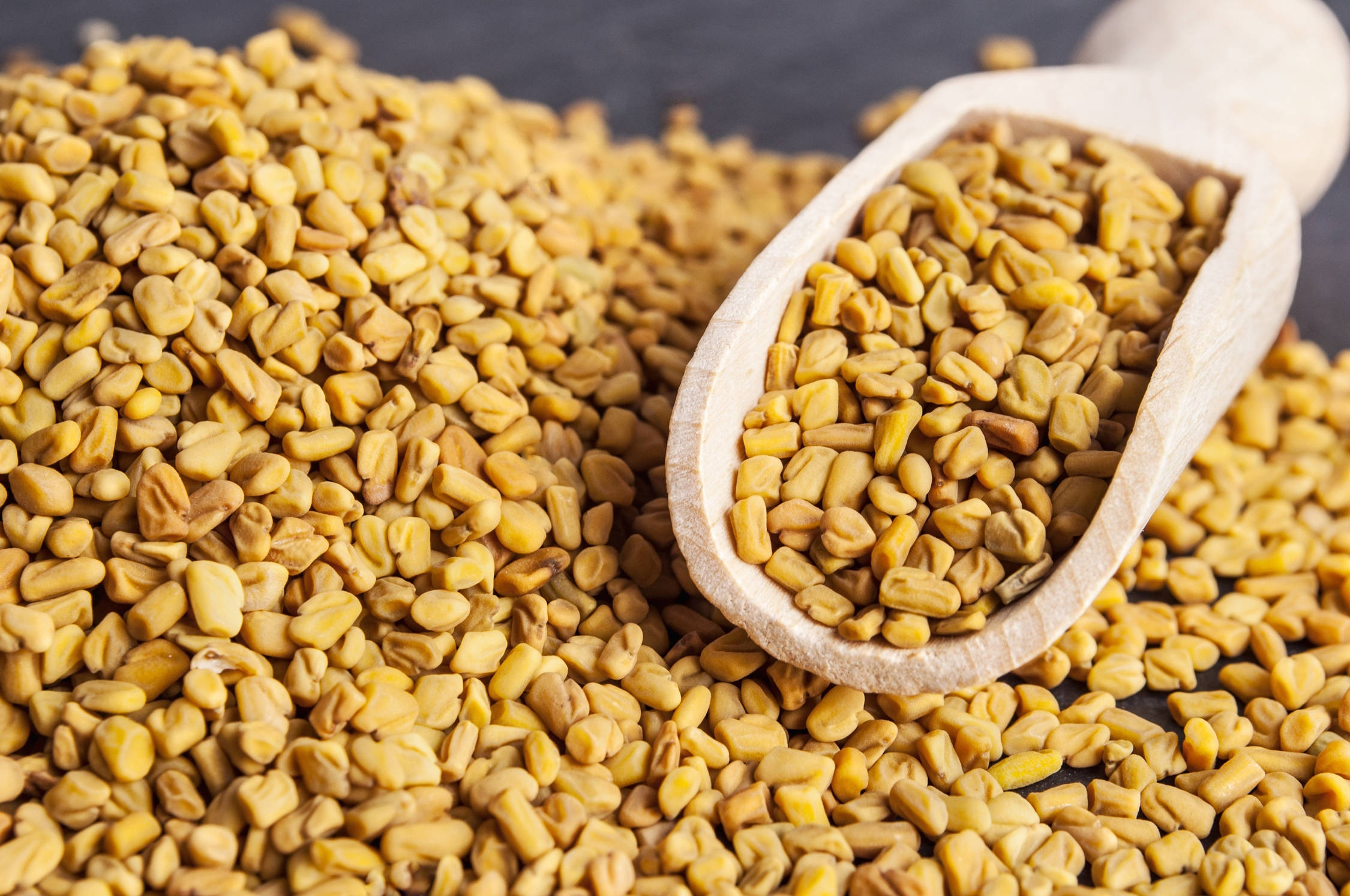 fenugreek seeds, wooden spoon, golden, Full HD Desktop Wallpaper