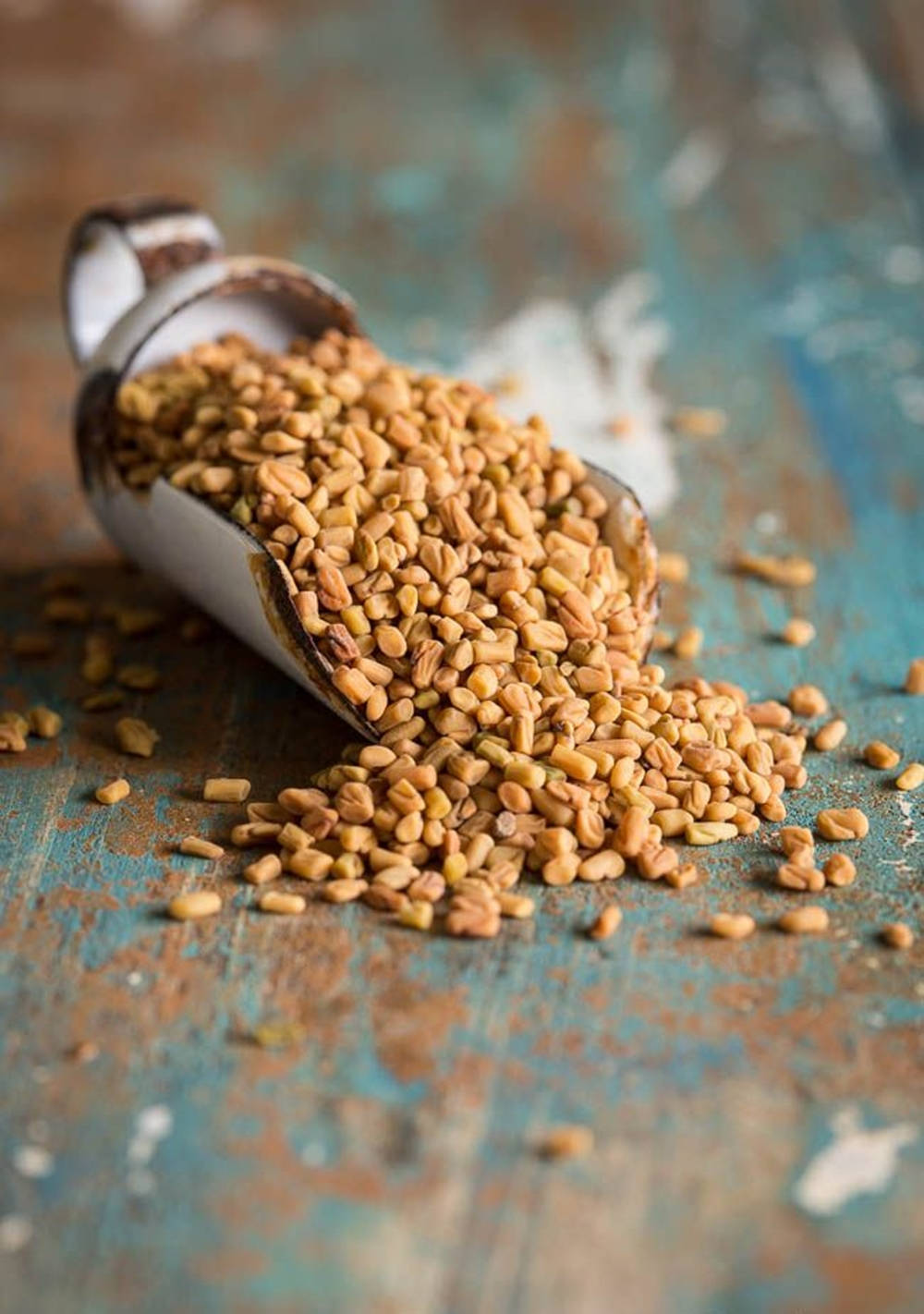 fenugreek seeds, metal scoop, weathered blue wooden surface, HD Phone Wallpaper