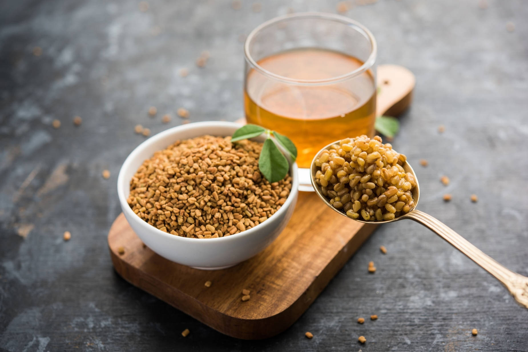 golden fenugreek seeds, amber fenugreek tea, white bowl, HD Desktop Wallpaper