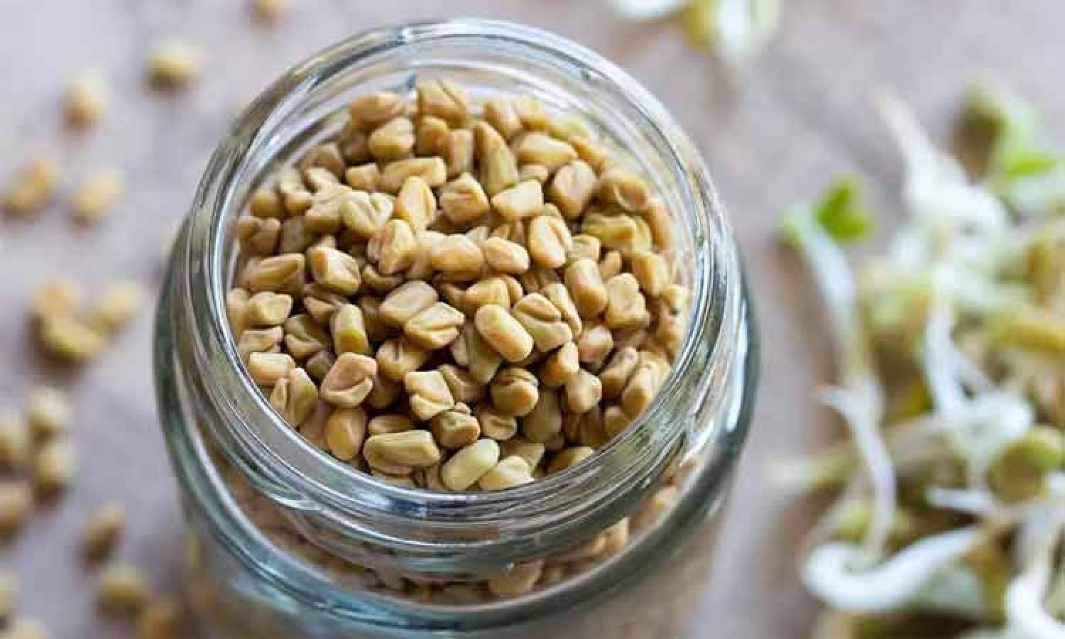 fenugreek seeds, glass jar, golden fenugreek seeds, HD Desktop Wallpaper