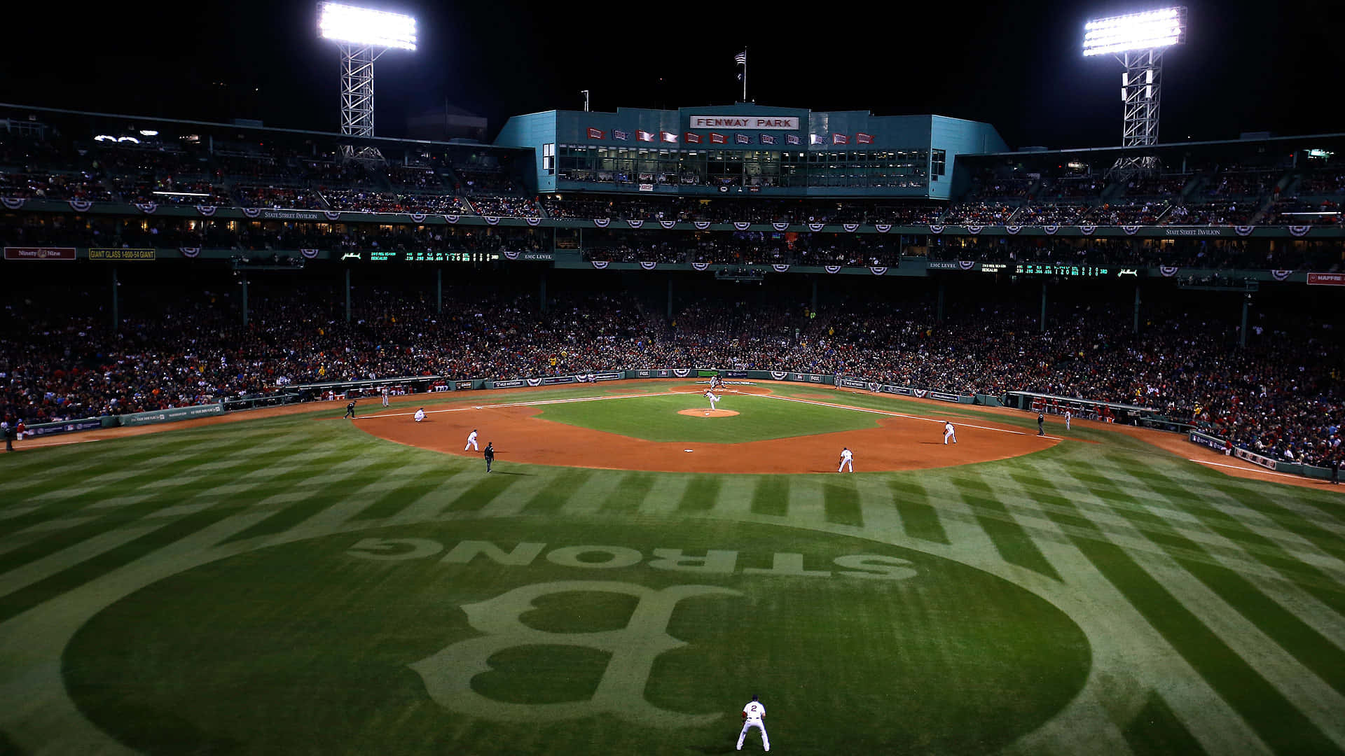 Fenway Park, nighttime baseball game, players on the field, Full HD Desktop Wallpaper