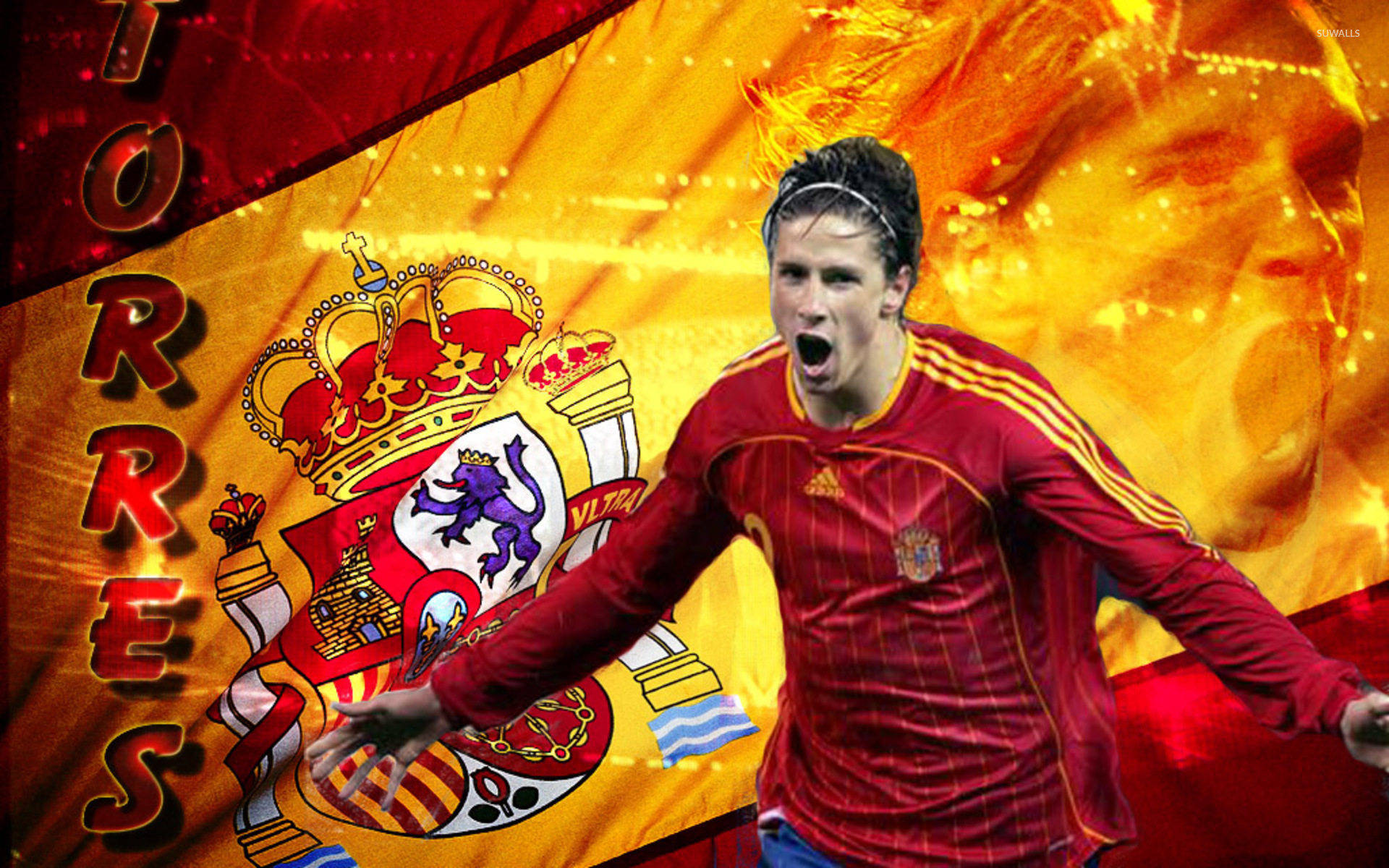 Fernando Torres, red Spain jersey, fiery flag backdrop, Full HD Desktop Wallpaper