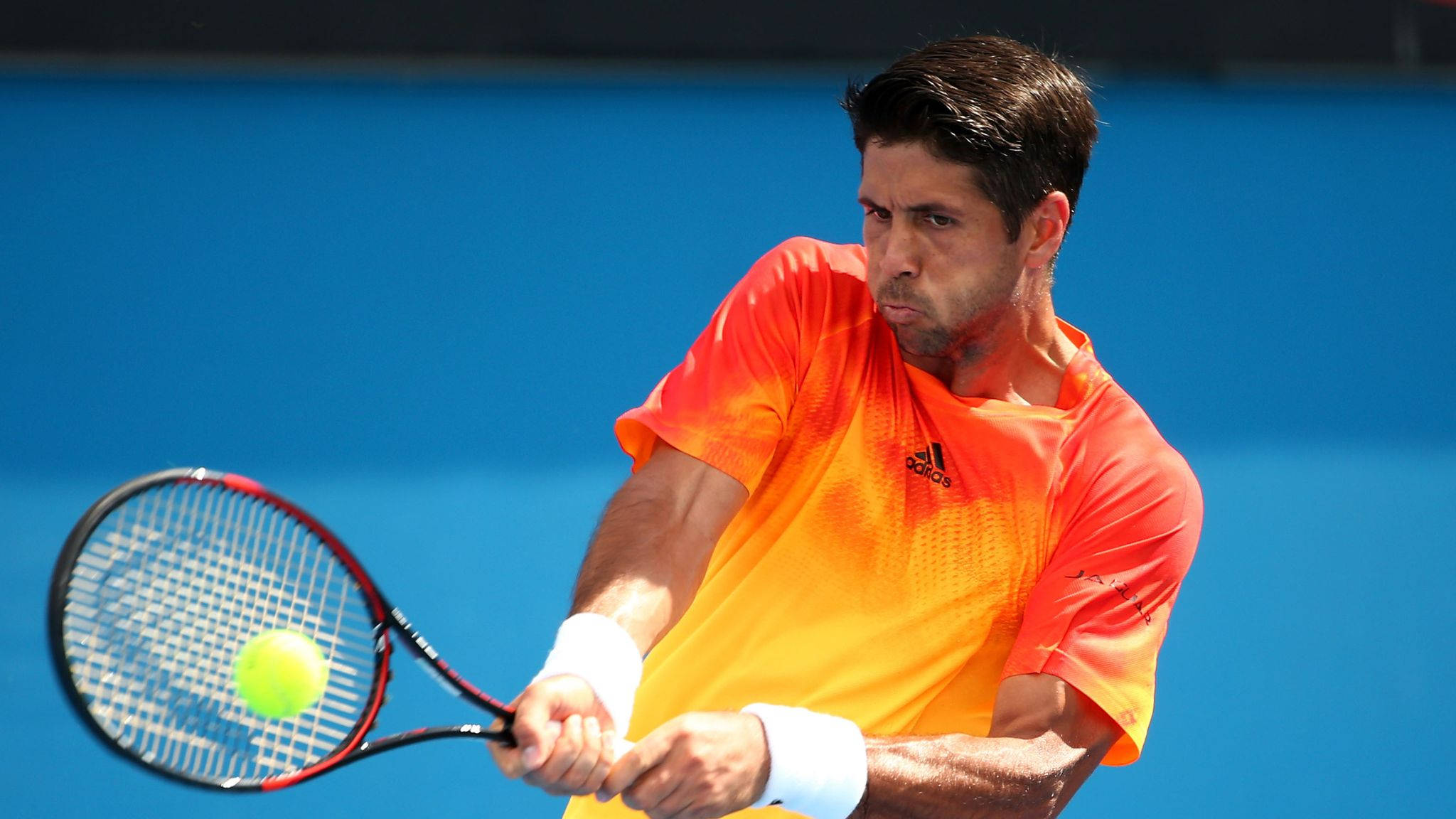 Fernando Verdasco, orange shirt, bright yellow ball, Full HD Desktop Wallpaper