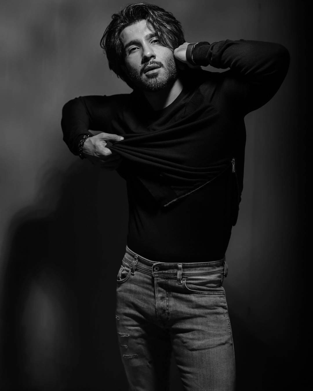 Feroz Khan, black and white portrait, tousled hair, HD Phone Wallpaper