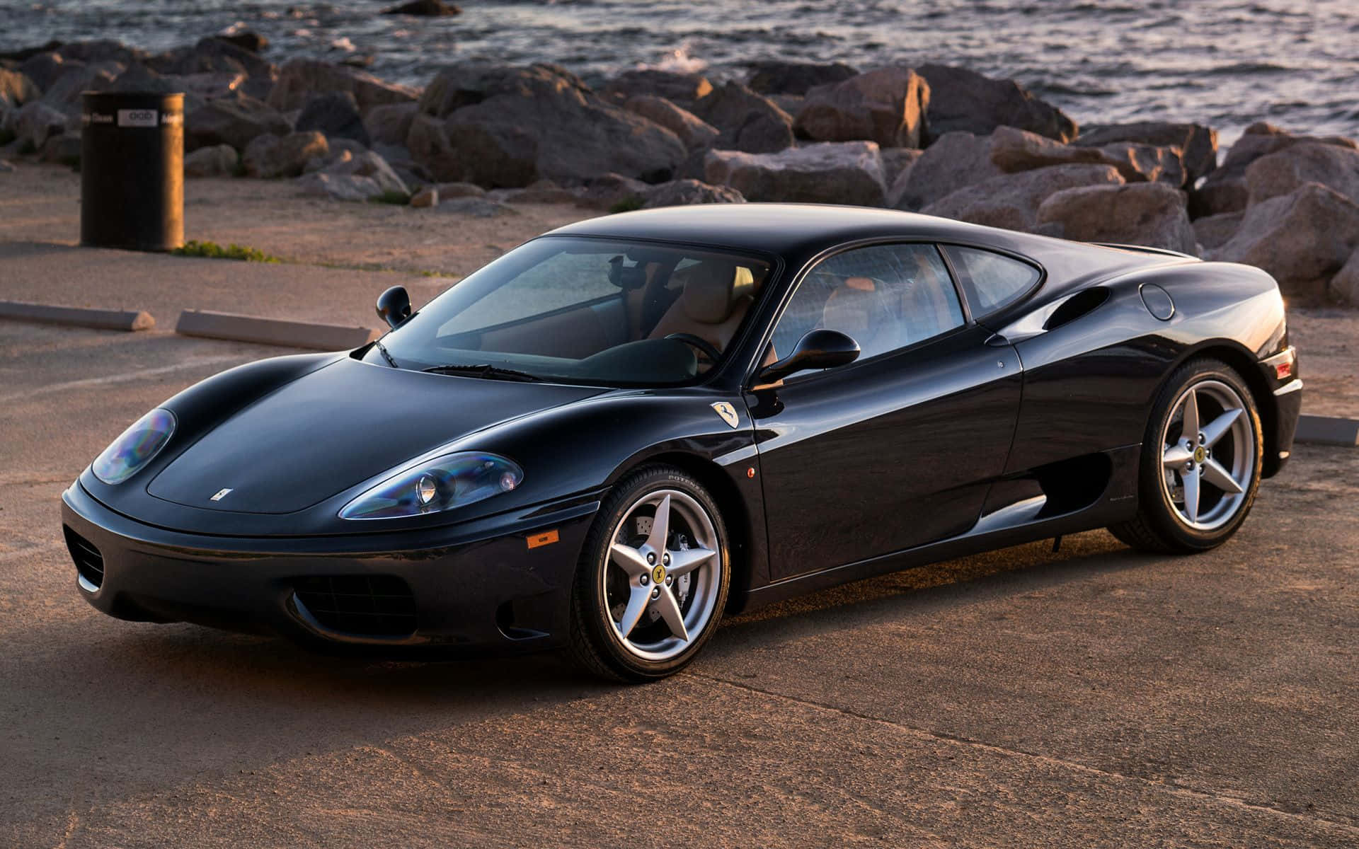 Ferrari 360 Modena, black, paved lot, Full HD Desktop Wallpaper