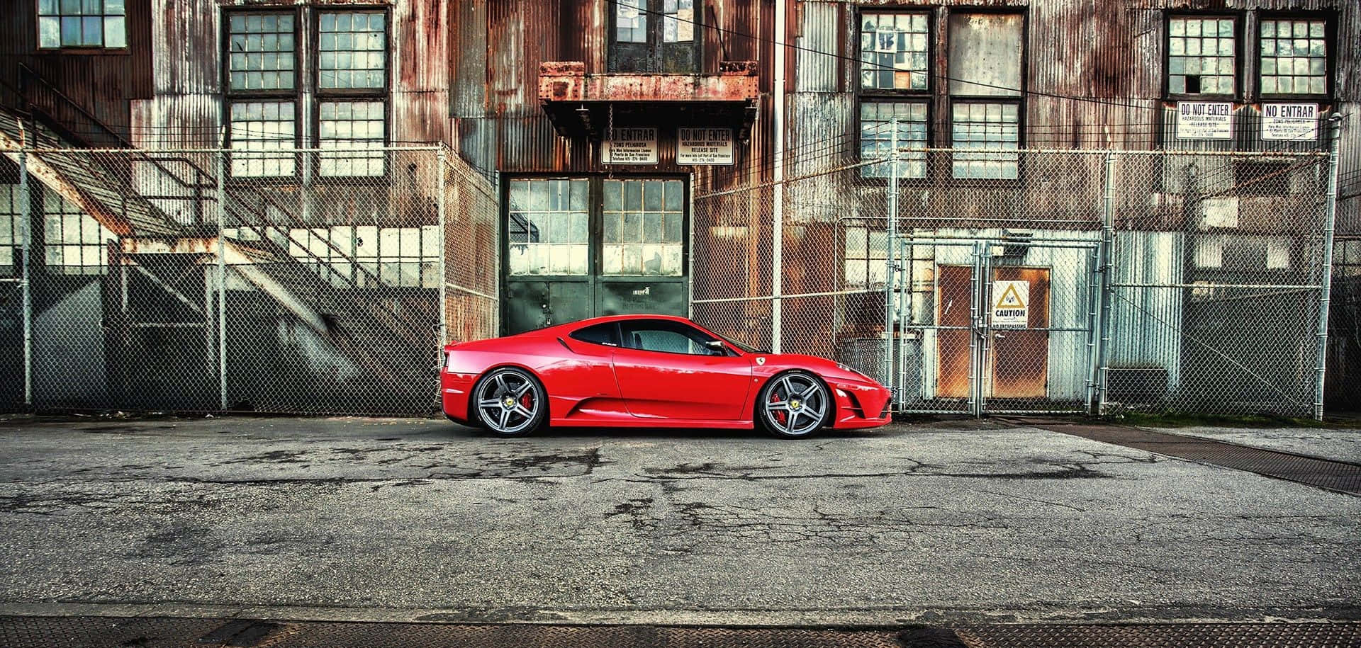 Ferrari 360 Modena, vibrant red, weathered industrial building, Full HD Desktop Wallpaper