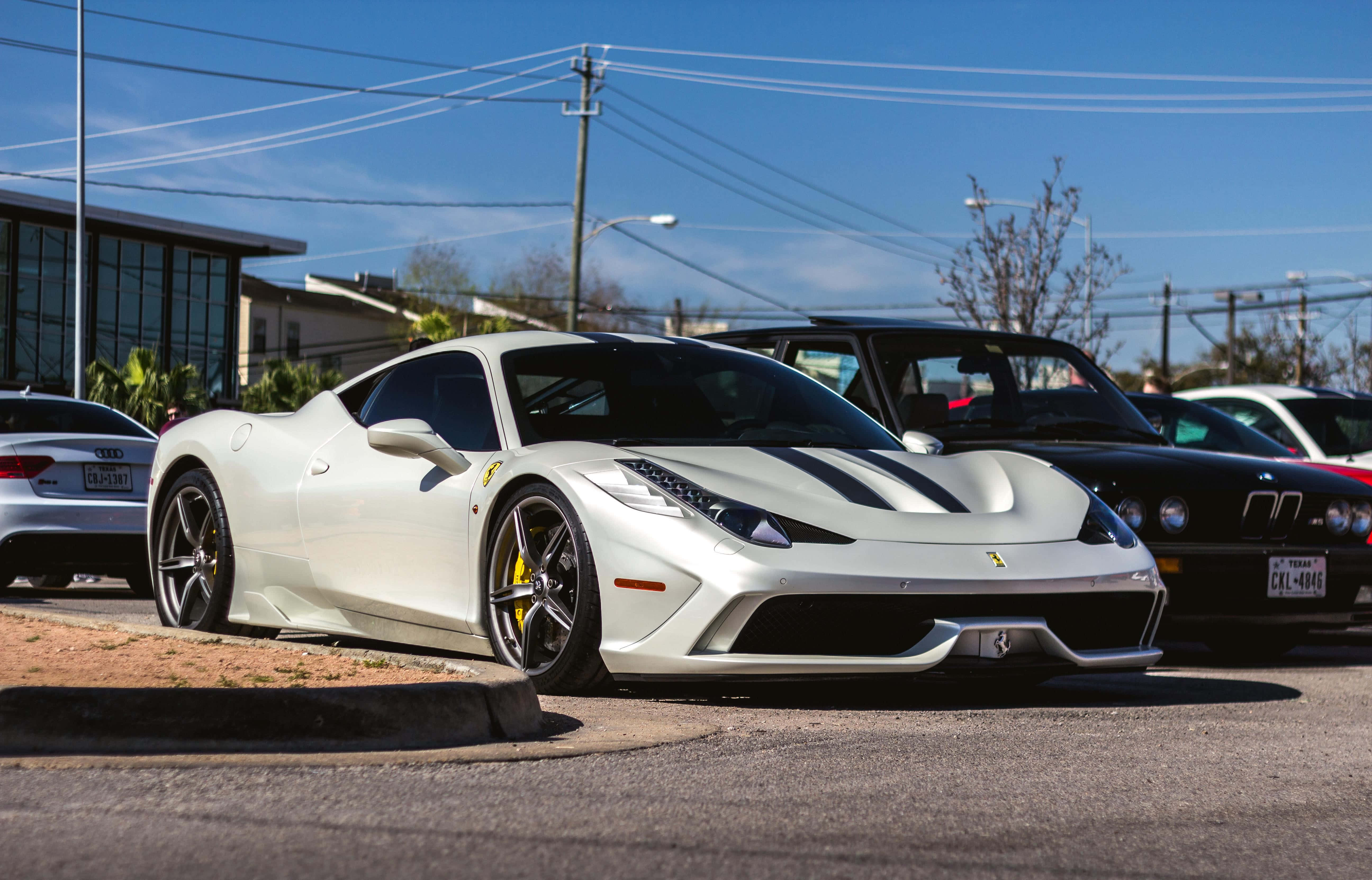 Ferrari 458 Speciale, white, black racing stripes, 5K Desktop Wallpaper
