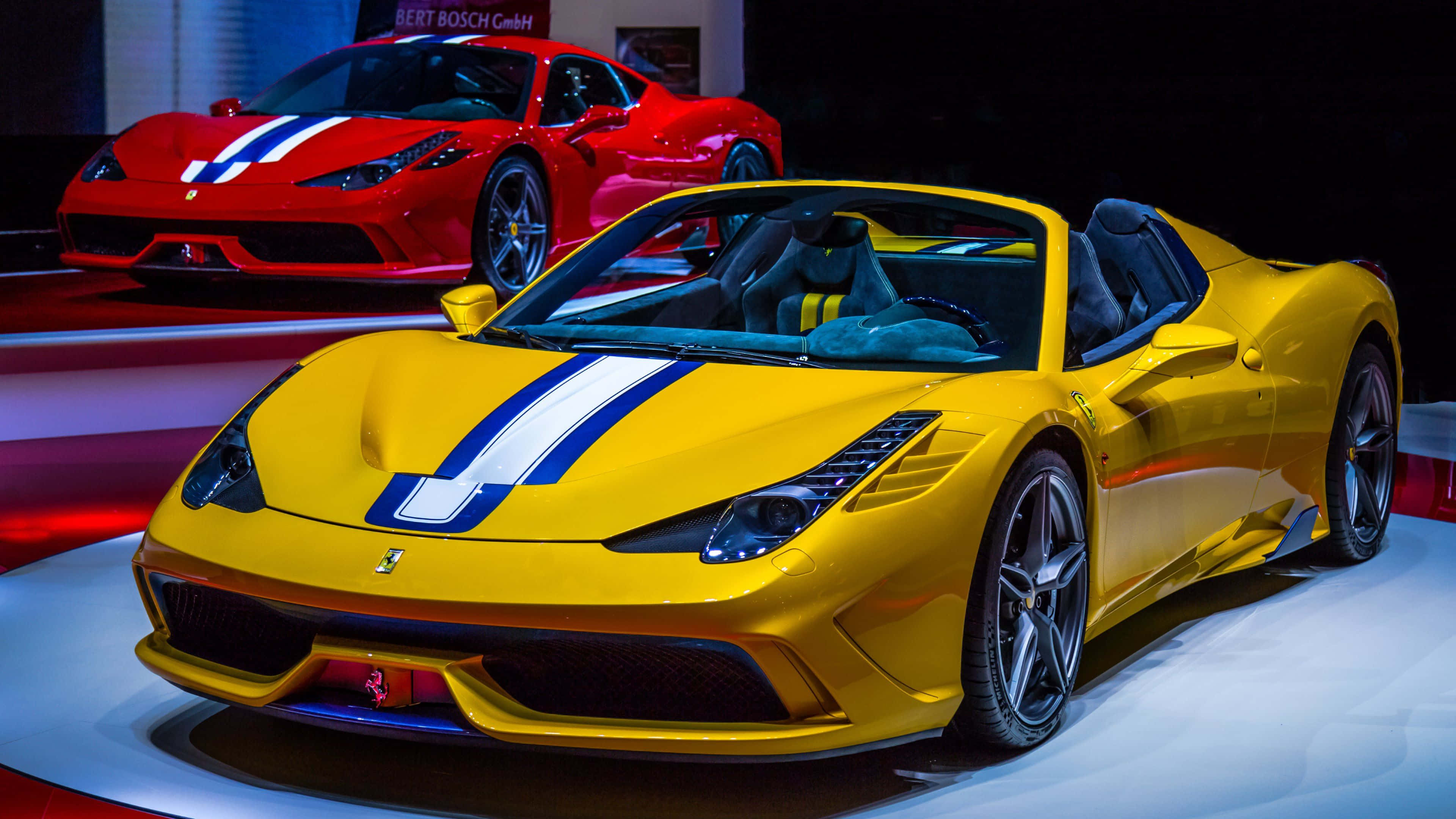 Ferrari 458 Speciale, yellow, blue and white racing stripes, 4K Desktop Wallpaper