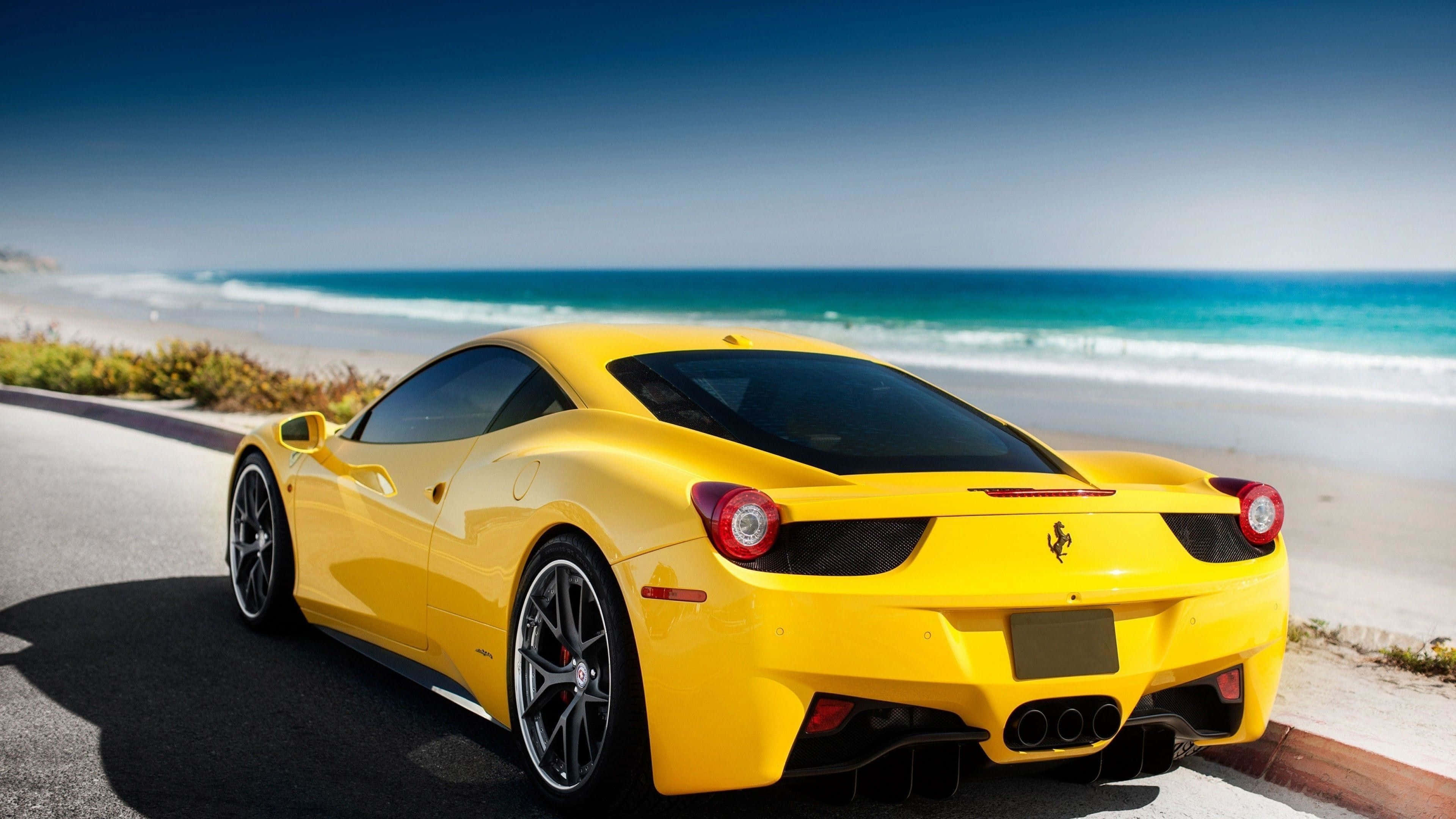 Ferrari 458 Speciale, vibrant yellow, coastal road, 4K Desktop Wallpaper