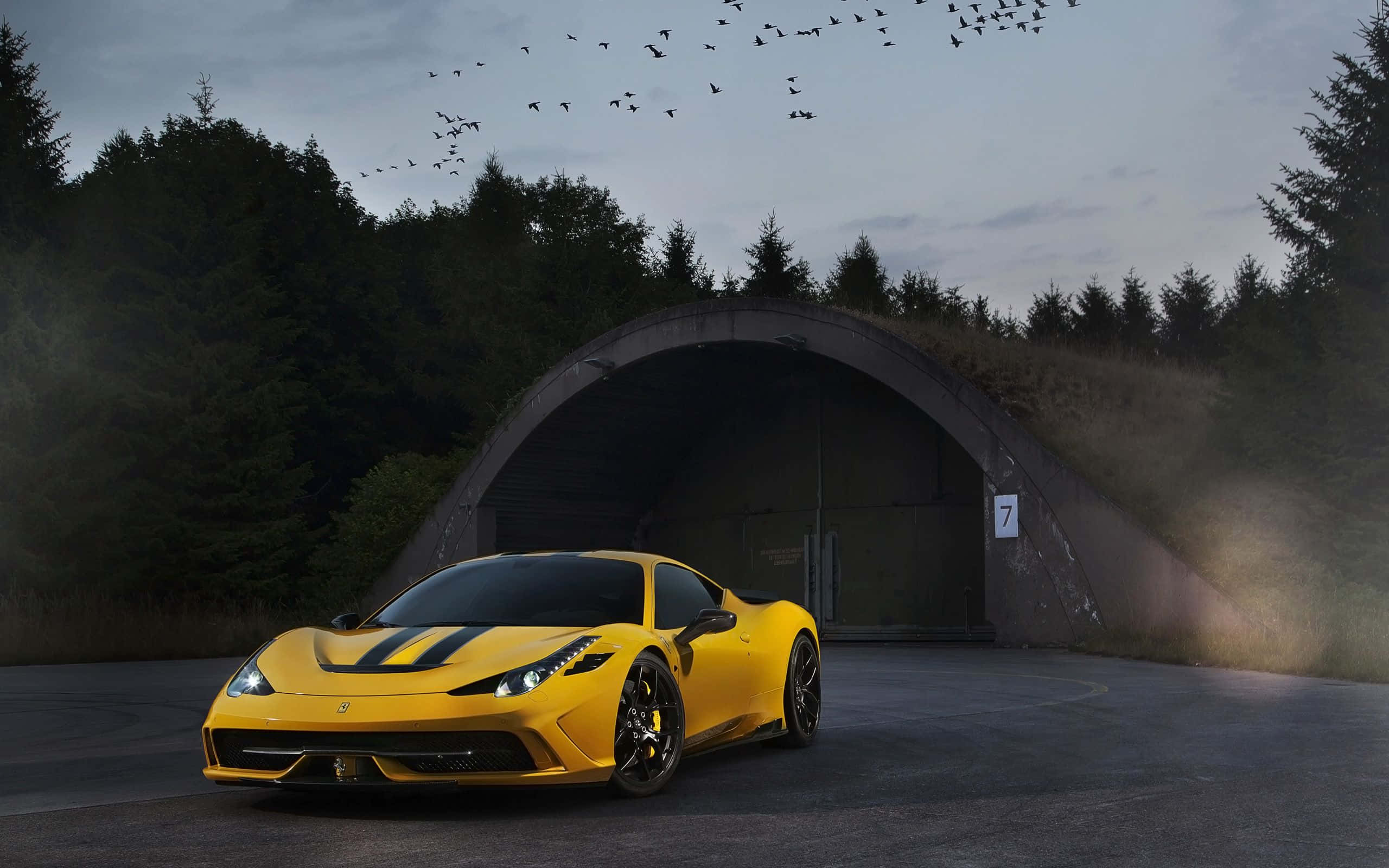 Ferrari 458 Speciale, vibrant yellow, black stripes, 2K Desktop Wallpaper