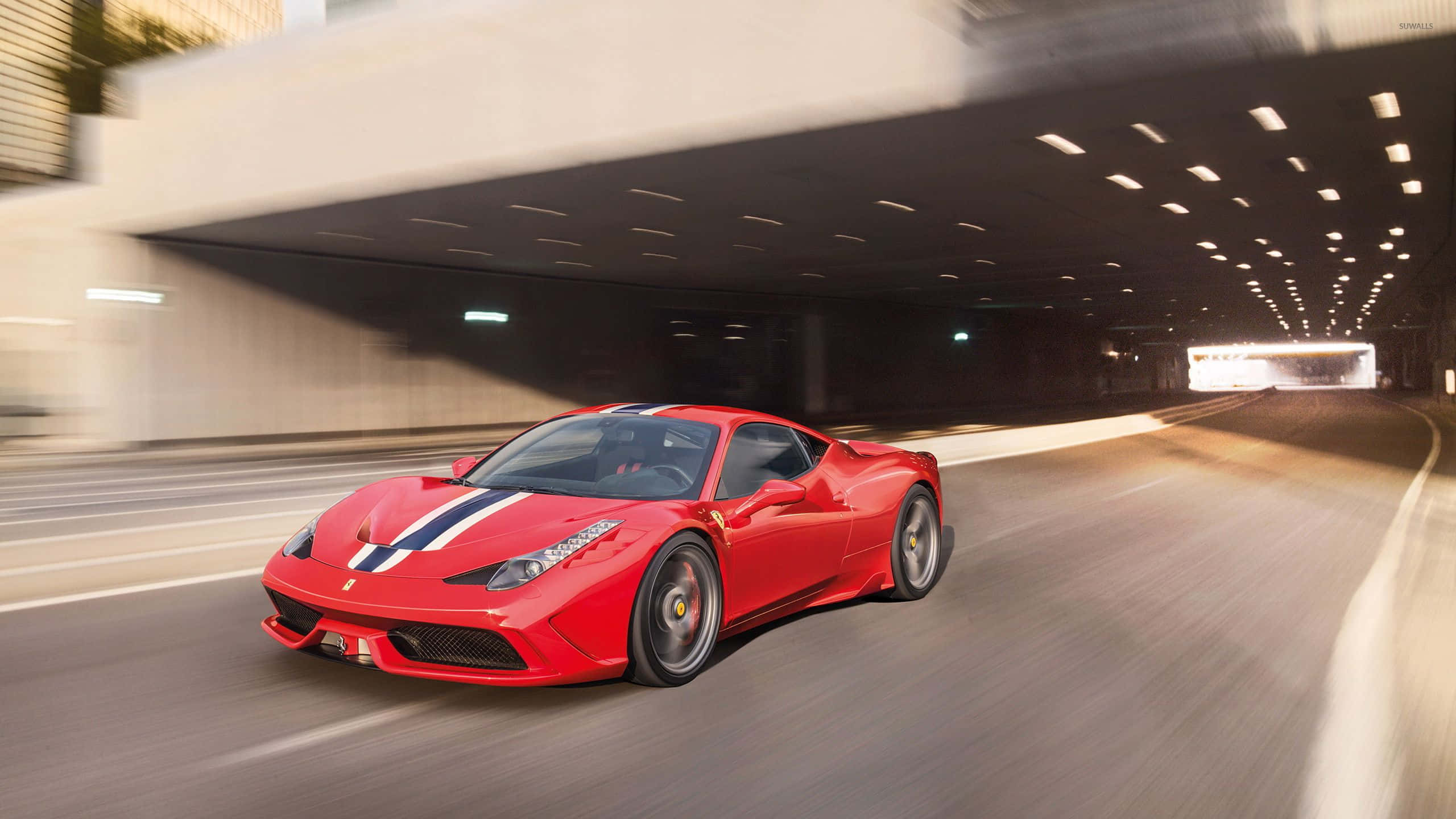 Ferrari 458 Speciale, vibrant red, dimly lit urban tunnel, 2K Desktop Wallpaper